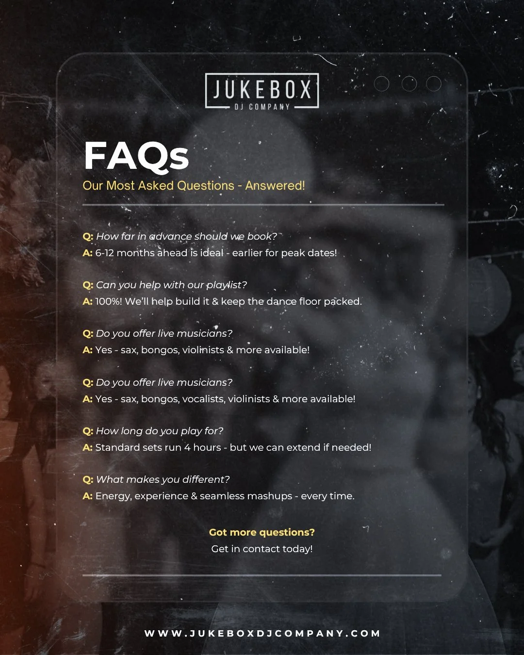 We get these questions all the time - so here are your answers, straight from behind the decks 🎧👇

Still after something? Get in touch today!

#weddingdj #jukeboxdjcompany #weddinginspo #bridetobe