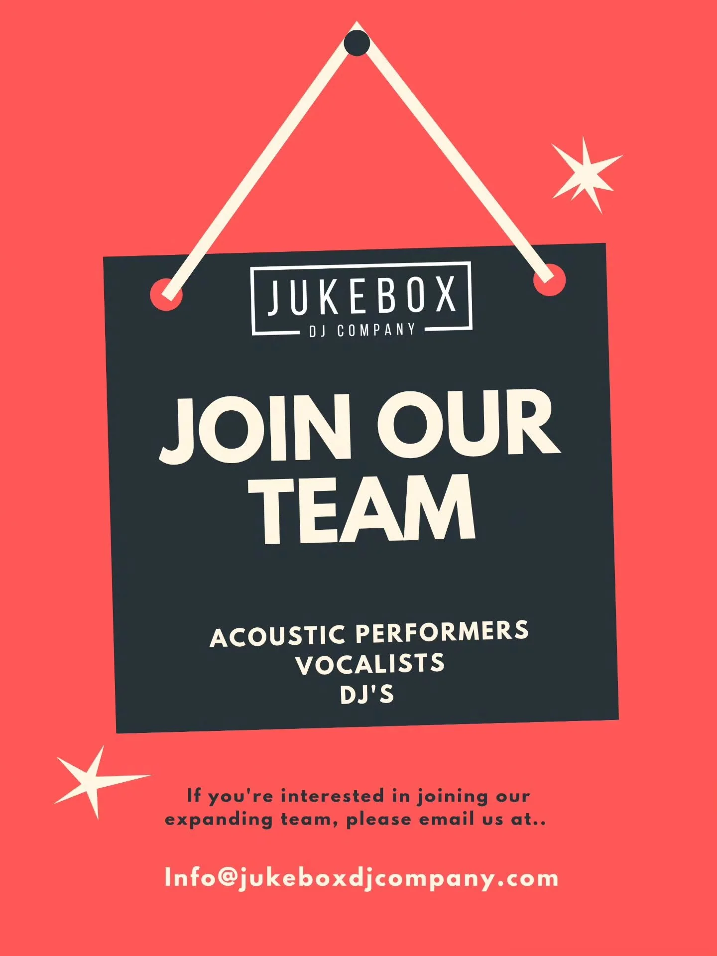 We are on the hunt for talented people to join our ever-growing team.

We are looking for..

*Acoustic performers
*Vocalists (daytime solo &amp; alongside DJs)
*Multi genre DJs.

Midlands &amp; surrounding areas
Experience necessary

Please SHARE &am