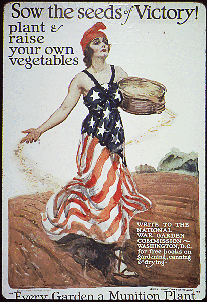 World War I era US poster by James Montgomery Flagg, 1918, lithograph, color; 56 x 36 cm. Columbia (female allegorical personification of the United States of America) broadcasts seeds in a plowed field. Text:"Sow the Seeds of Victory! Plant and raise your own vegetables"..."Every garden a munition plant". Urging civilians to raise their own food to free up resources for the war effort.