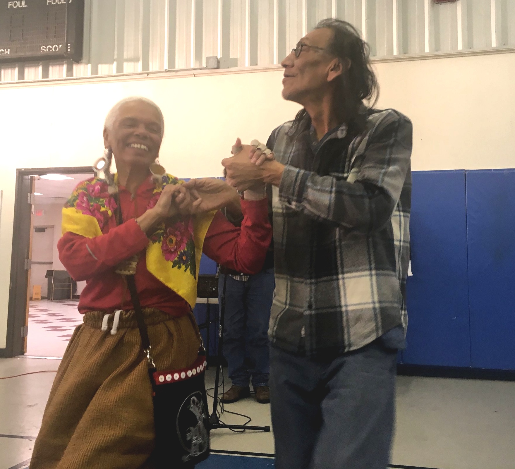 Nathan Phillips dancing with Carolyn Christmas, Mi’kmaq, during a break from the Standing Rock prayer walk in February 2018. By Rebecca Bengal