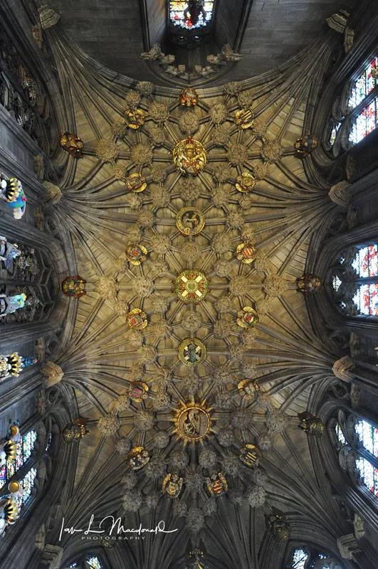 The glorious ceiling in the Thistle Chapel, St Giles Cathedral Edinburgh. It is in this chapel Her Majesty meets for the Order of the Thistle blessing.