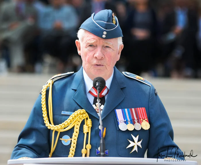 The Governor General addresses those assembled to speak about the contributions of the RCAF since World War I