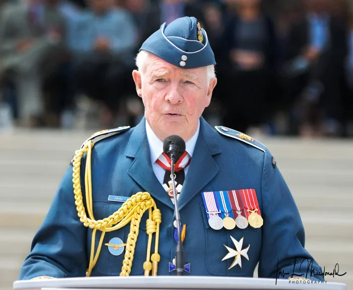The Governor General addresses those assembled to speak about the contributions of the RCAF since World War I