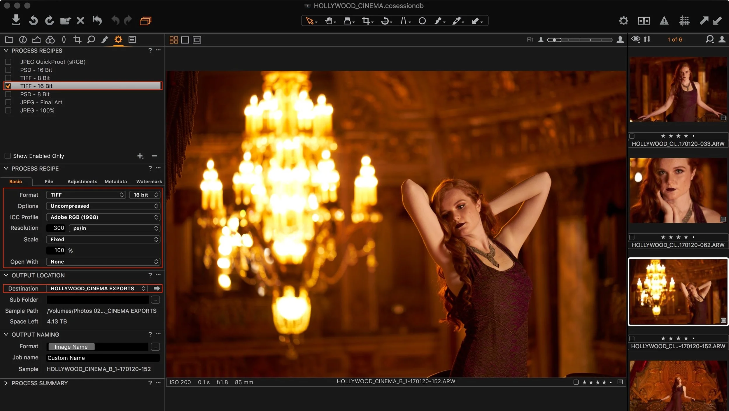 Export TIF's: Using the process recipe I export the post-processed images to TIF. Note: Destination location is set to exports folder by default in capture one sessions.