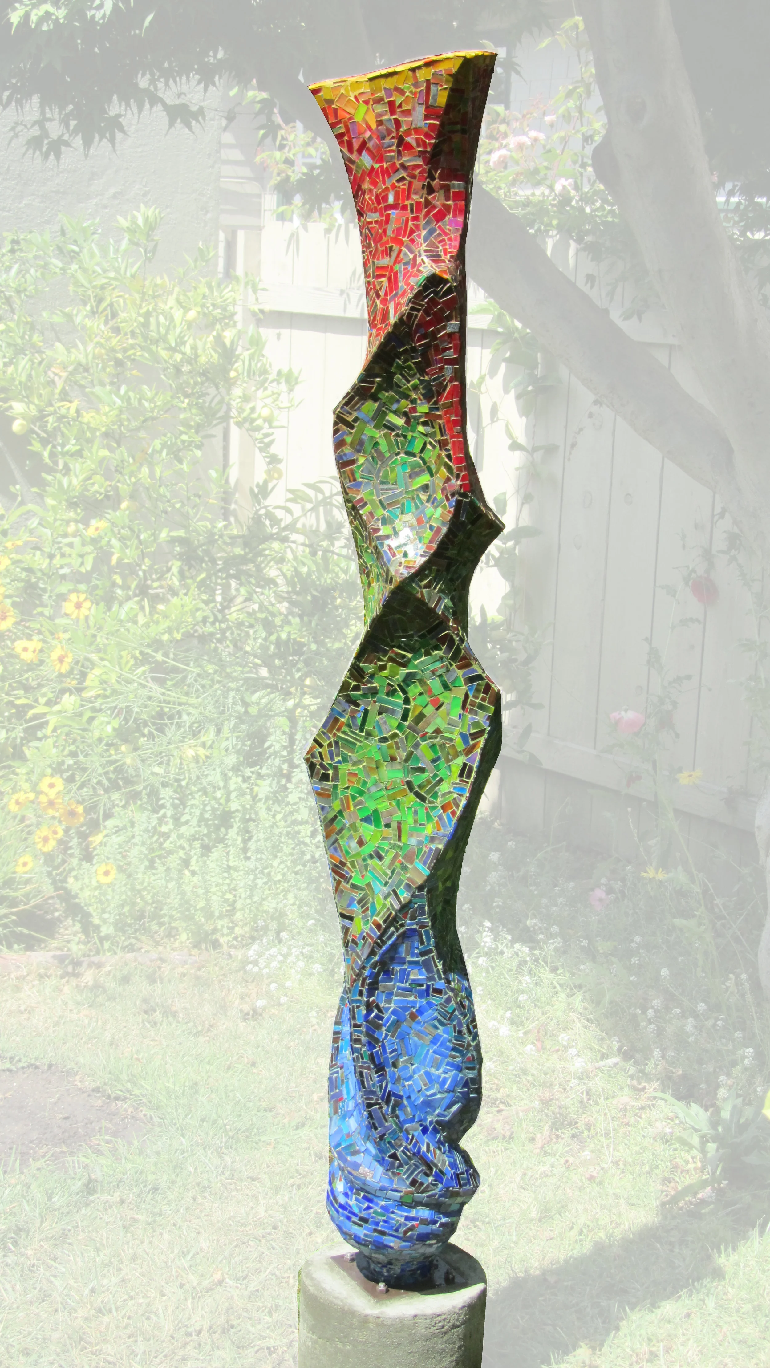The Seasons, 2014. Cast concrete, encased in glass mosaic. 67"H x 12"W x 12"D