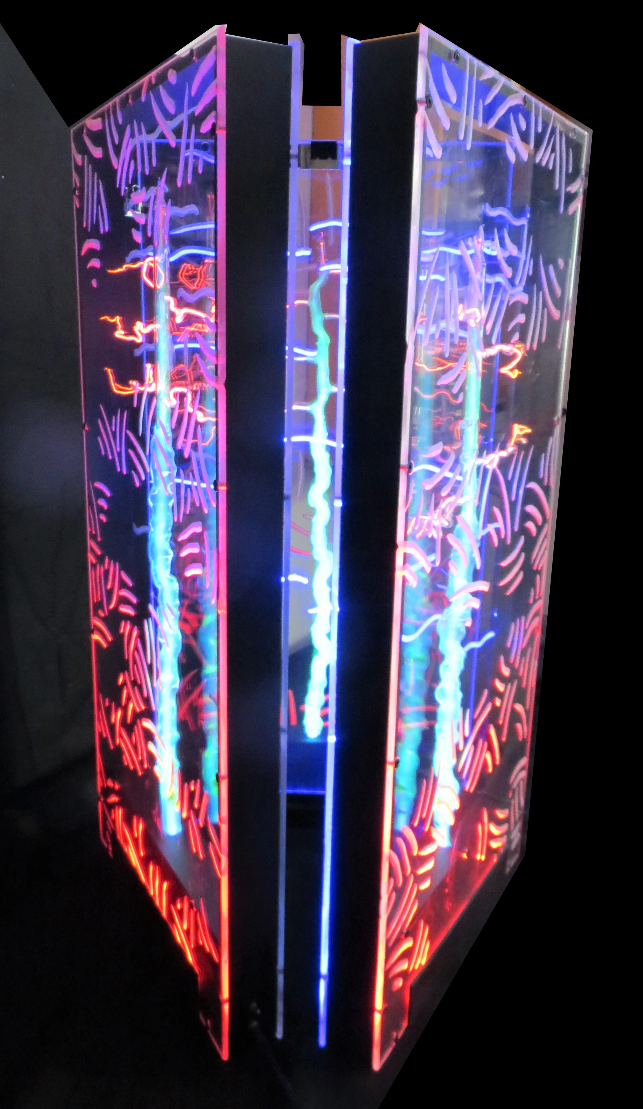 Branching & hatching. Plasma tubes filled with neon+mercury, acrylic panels lit with LEDs. 30"H x 18"W x 18"D