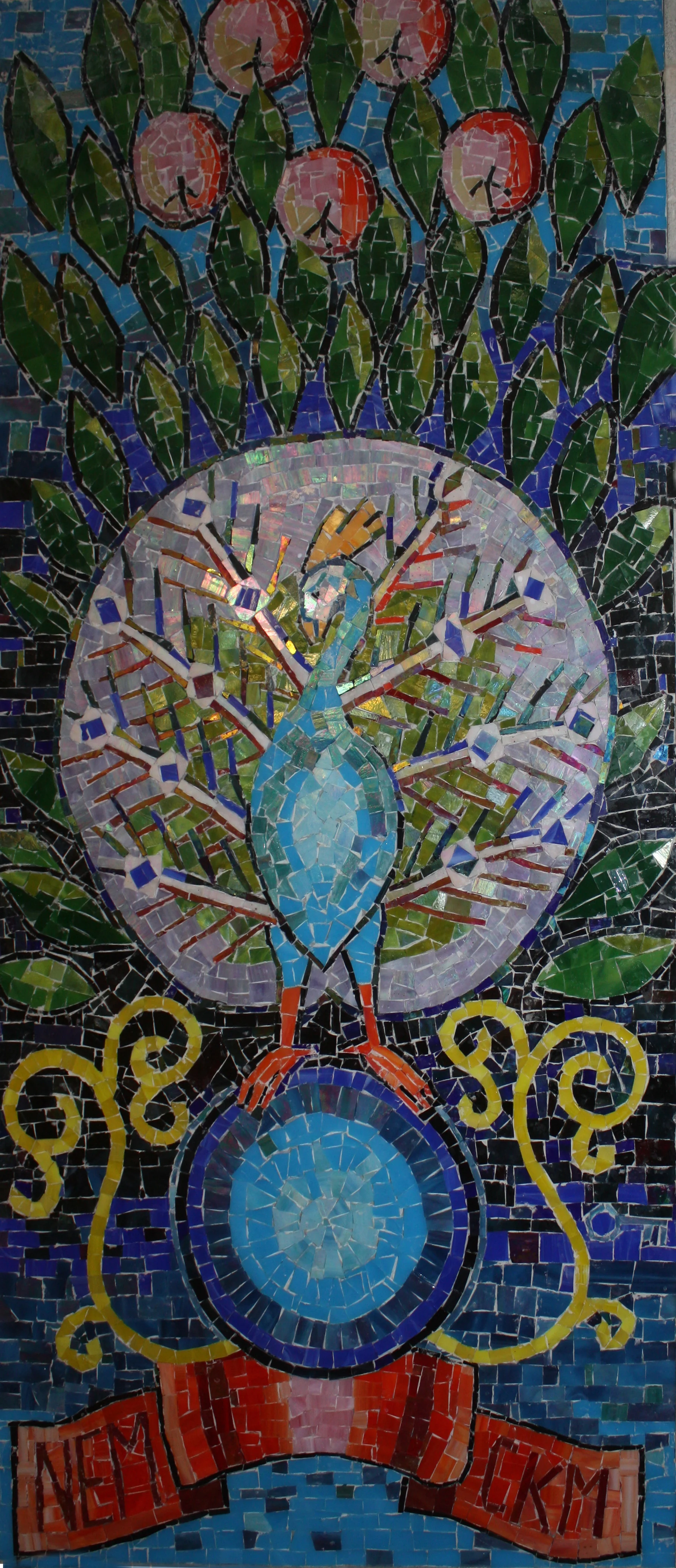Peacock, 2000 Glass mosaic set into wall. 47"H x 21"W