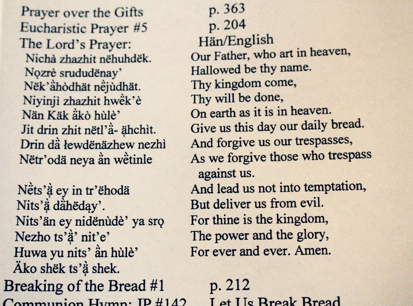 Part of the bulletin handed out at St. Paul’s Anglican Church in Dawson City – it contains The Lord's Prayer in Han & English. Photo by Amy Burlock.