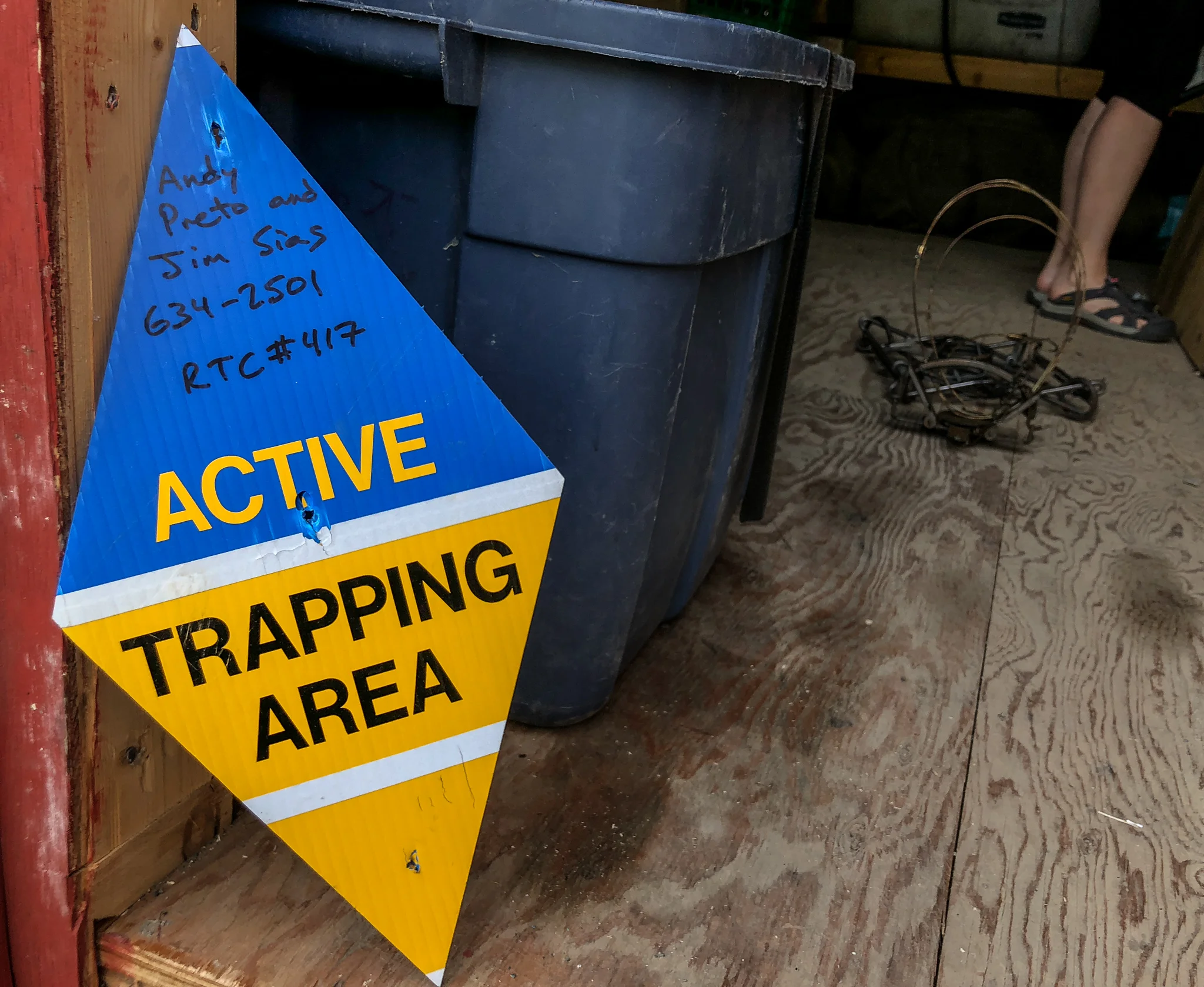  Preto says trapping signs are placed around a concession to alert people that traps are active in the area. Their reflective surface makes them easily visible in the dark winter months. Photo: Madison Ranta