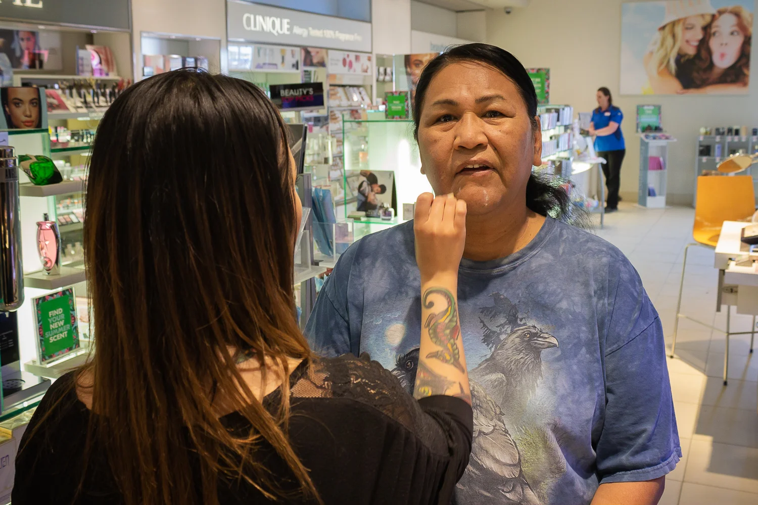Akiko Allen, a makeup artist at a Shoppers Drug Mart in Whitehorse, applies makeup to Ronnie's face. Not so long ago, Ronnie didn't have a clue how to use beauty products. "I met her one day (in the store) and I said, 'can you keep a secret, until I learn?'," recounted Ronnie. "She said 'Hey! As long as you're comfortable in your own skin, that's fine by me.' And we became good friends!" Photo by Adam van der Zwan.