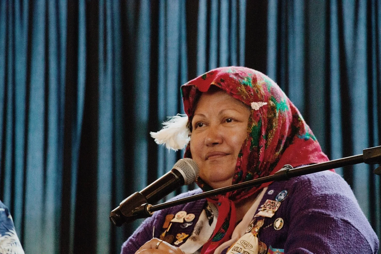 Sharon Shorty drums while Duane Ghastant' Aucoin performs "the grouse dance" – a traditional Tlingit mating dance. 