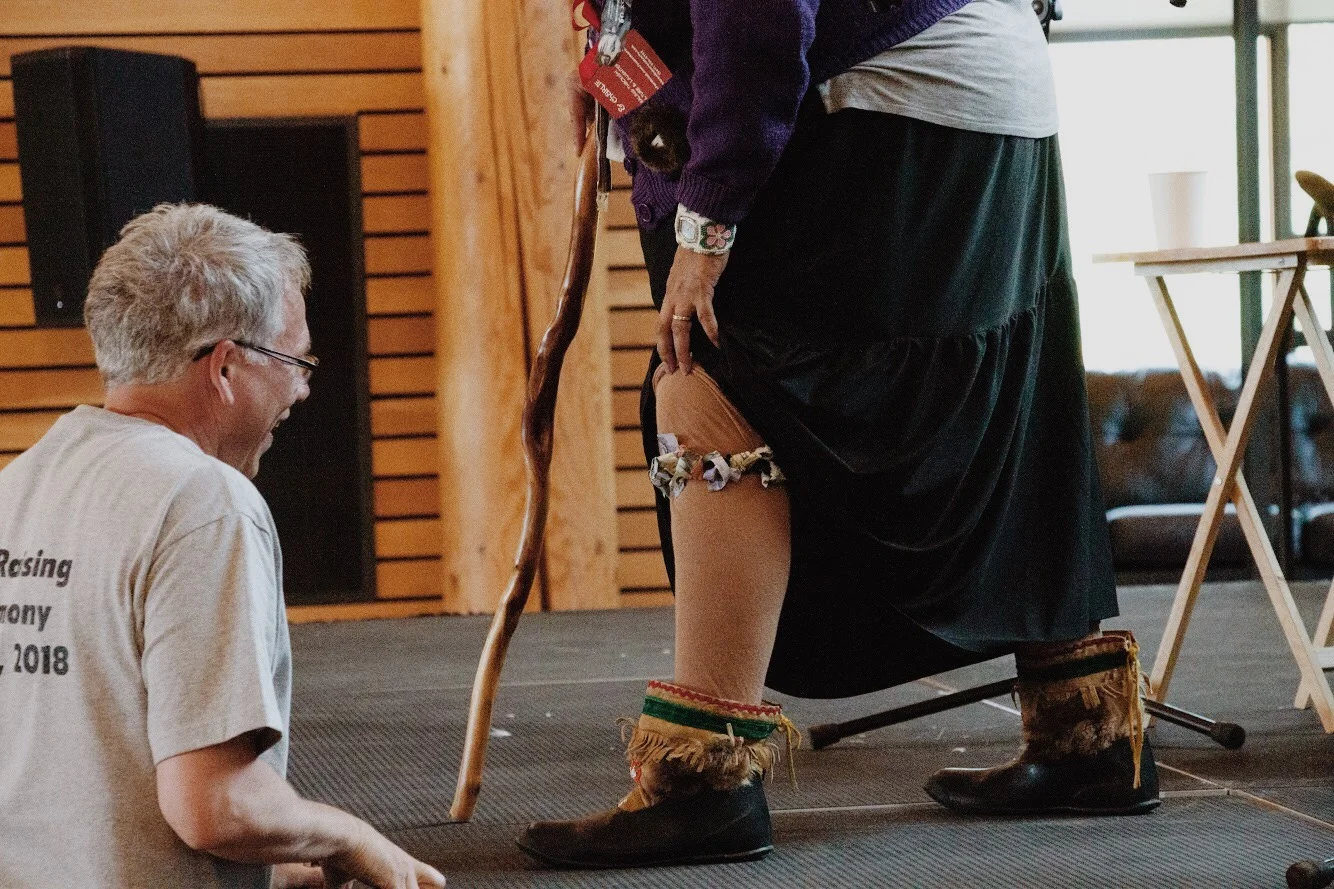 Shorty teases an audience member during her performance at a totem-pole raising in Carcross, YT, in July 2018.