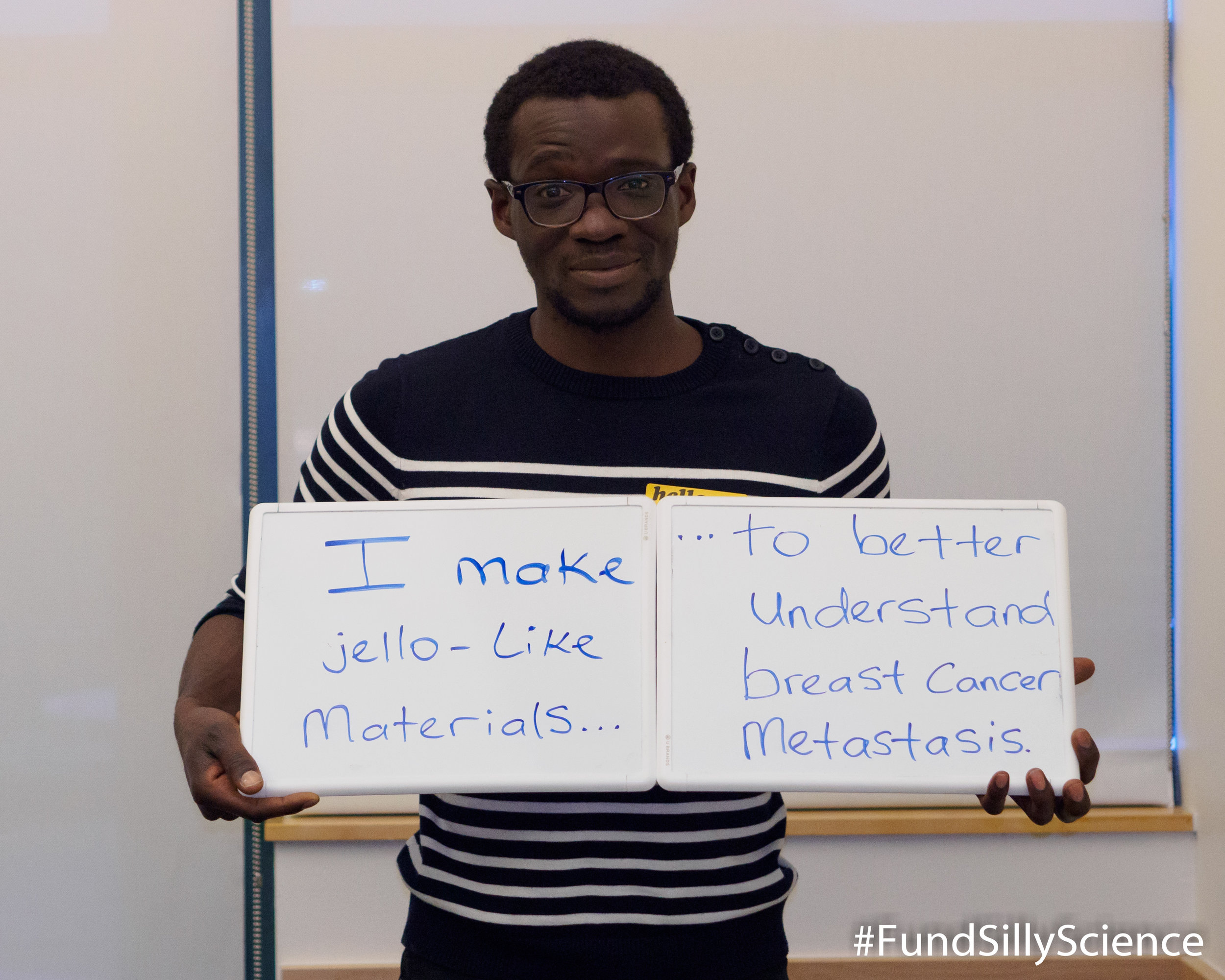  This is Kolade, a graduate student at Stanford. “90% of cancer deaths are due to metastasis. The mechanical properties of breast tumor environments are surprisingly similar to Jello. We use our materials to understand how cancer cells move through t