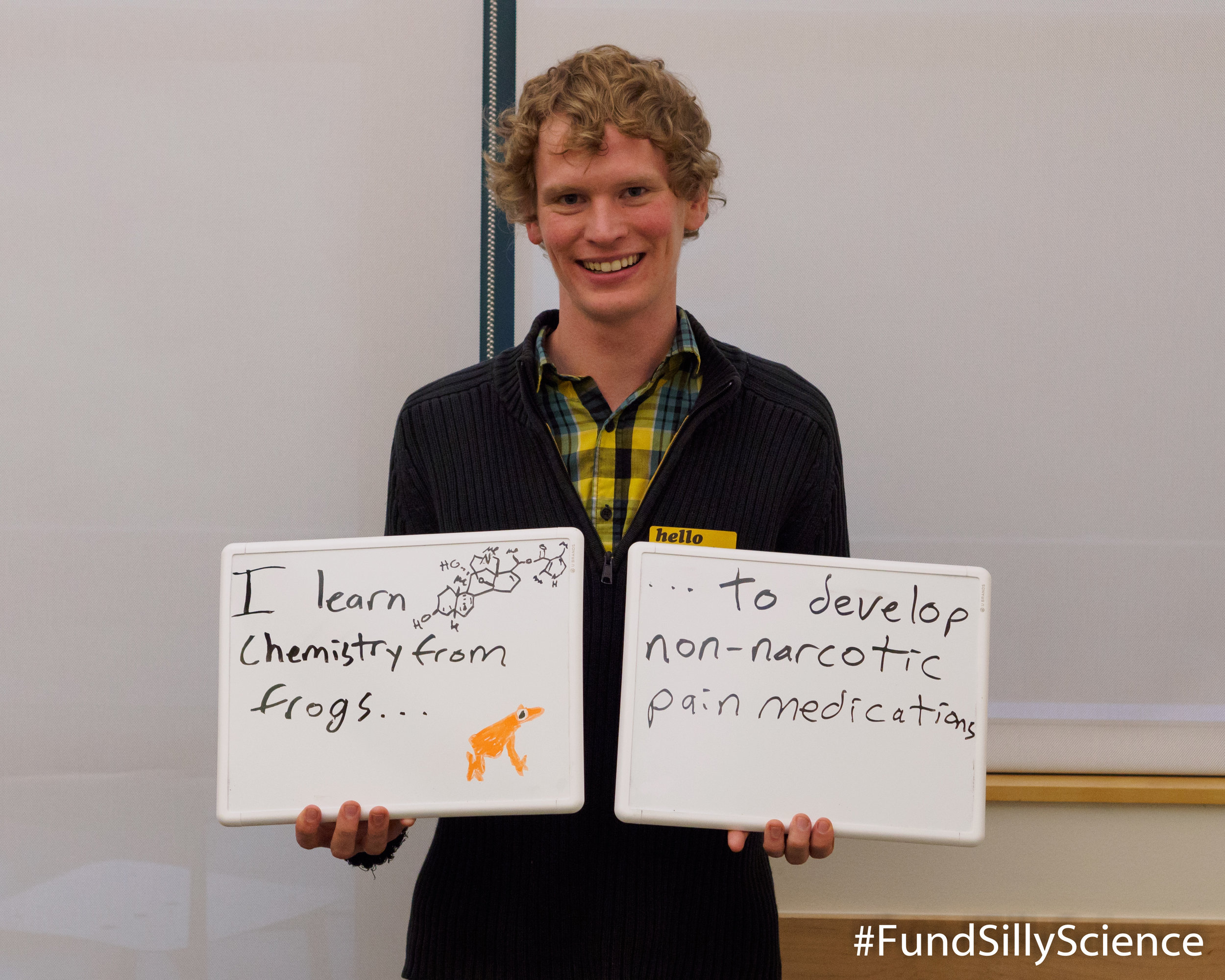 This is Tim, a graduate student at Stanford. “Batrachotoxin, isolated from Colombian poison dart frogs, is a potent neurotoxin that acts on the protein involved in electrical signalling and pain sensation in the body. We can synthesize it and use it to study how pain is transmitted, which can help us design new pain medications.”