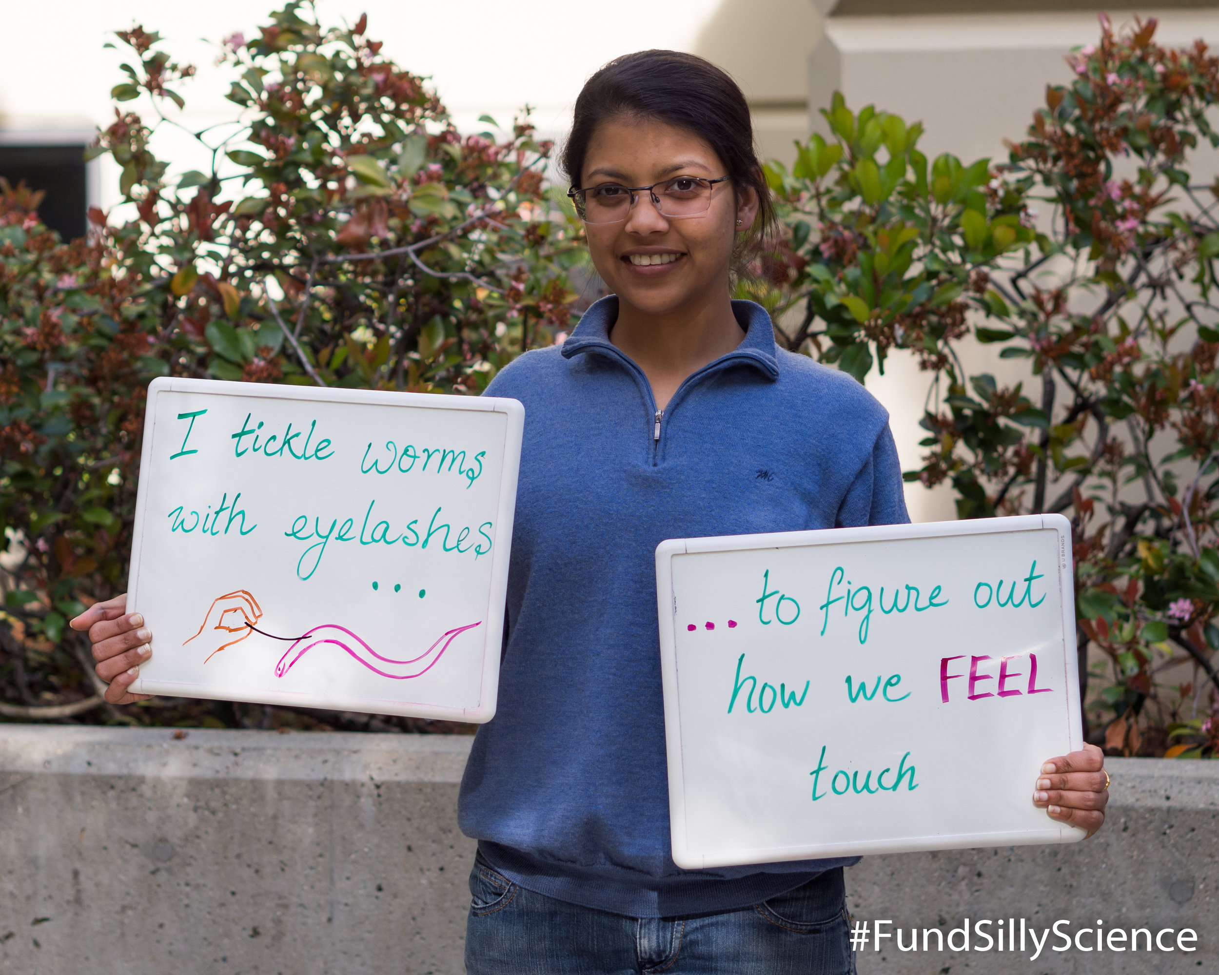 This is Alka, a post-doc at Stanford. "Touch is vital to how we interact with the world, and losing this sense (as happens to some patients with diabetes) can make life harder and more painful. I study how touch sensitive proteins in neurons convert mechanical pressure into an electrical signal. "