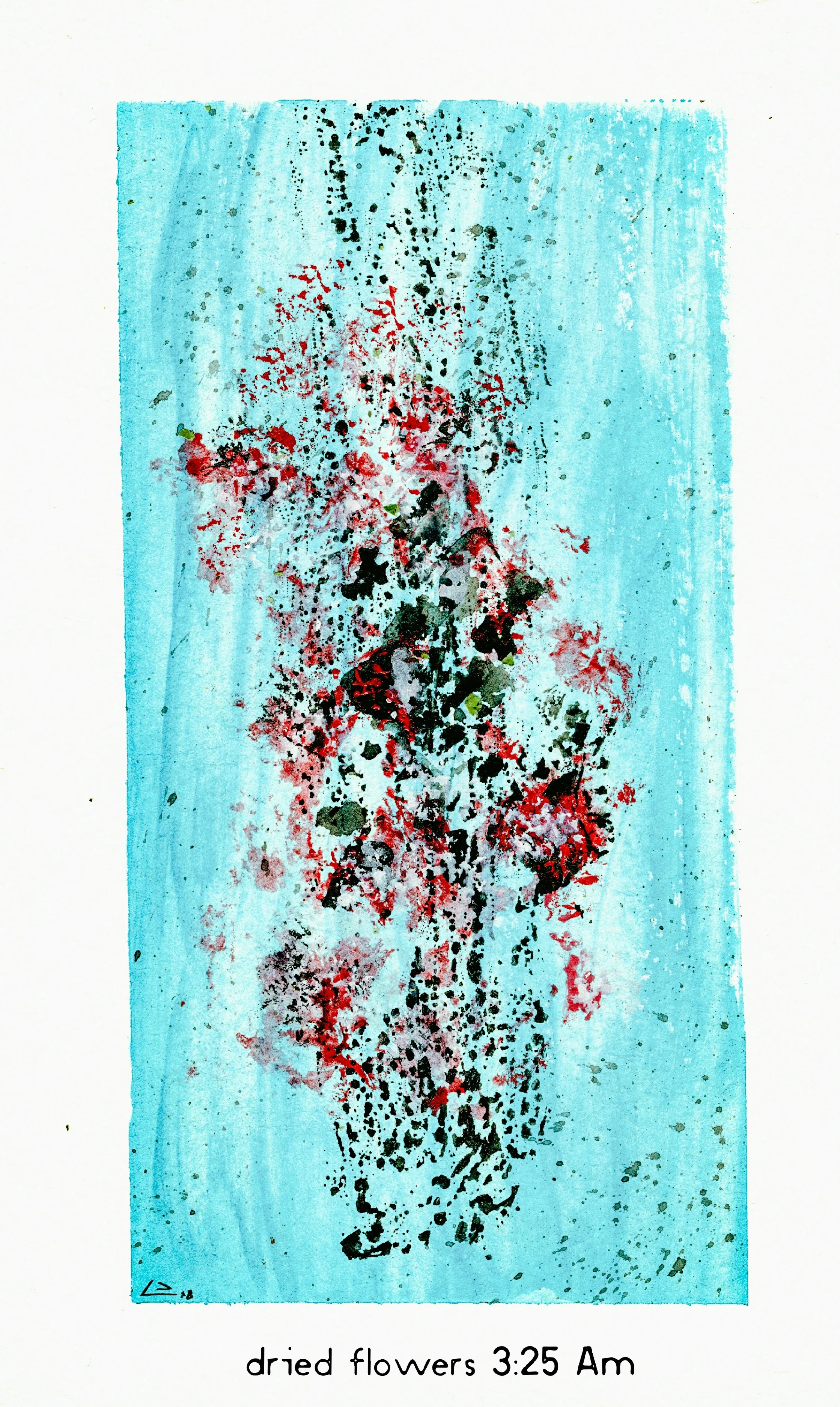 (Scan of watercolor painting in the Post Conventional Expressionist style. M . Graham Artists' Watercolors used. 9x12 on cold press paper, with dried flowers from Colins Life celebration mixed into the paint. Title - Dried Flowers 3:25 Am - 06/26/2018)