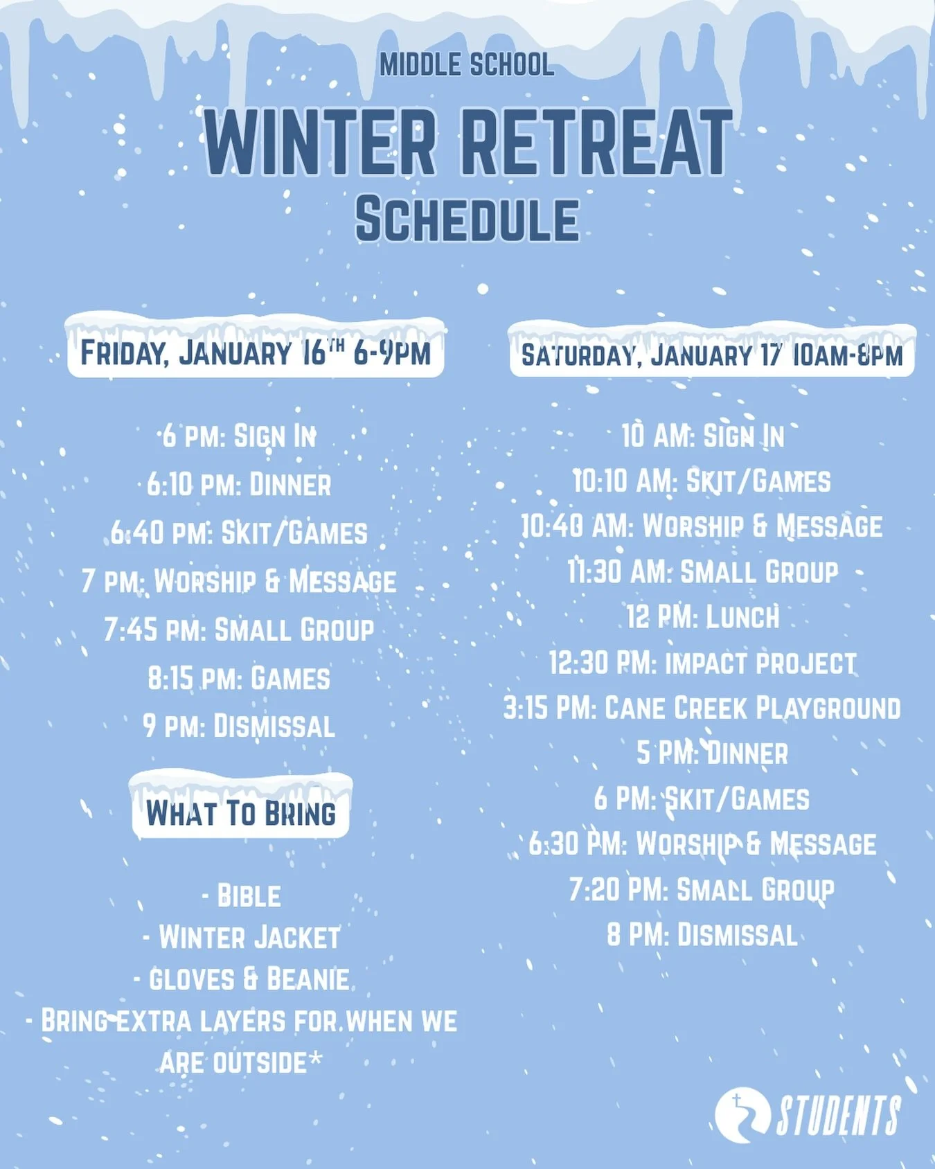 Can&rsquo;t wait for Winter Retreat tomorrow❄️☃️ We are ready to worship, build community, and serve those around us‼️See you tomorrow 6pm🎉
