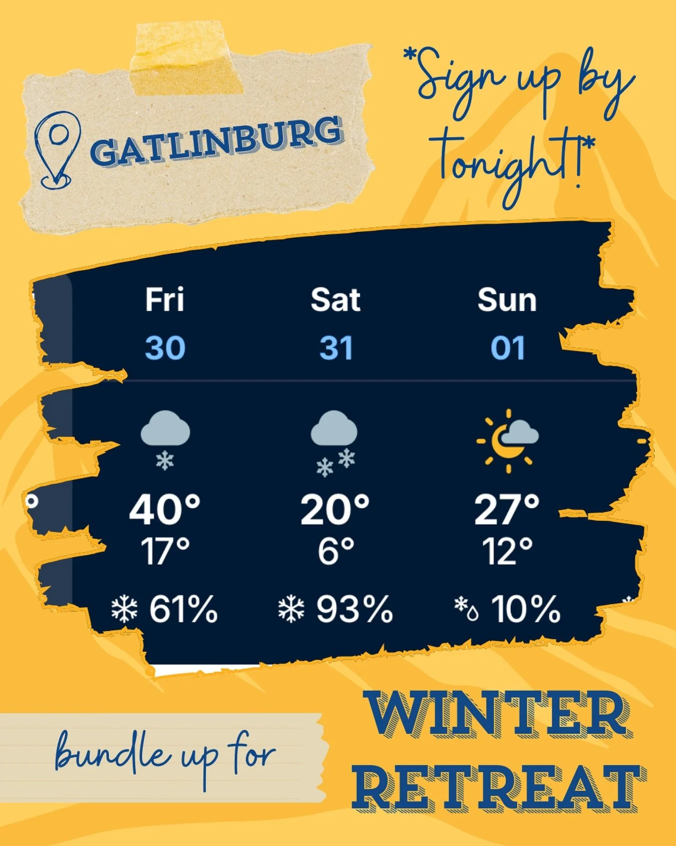 ❄️🏔️ Highschoolers, Winter Retreat is calling!
Snowy temps, loads of fun, and an unforgettable weekend ahead! 
⏰ SIGN UP BY TONIGHT ⏰
🧣 Bring ALL the warm clothes&mdash;layers are not optional
Don&rsquo;t miss it 👀