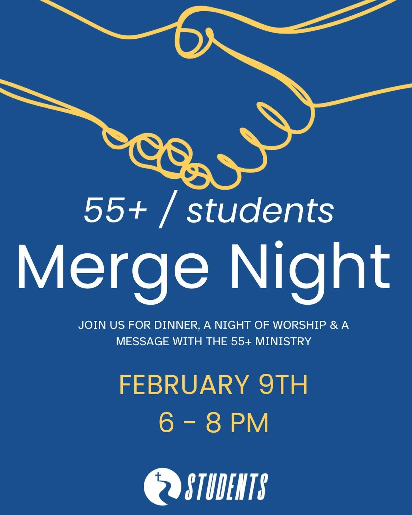 🚨MERGE NIGHT🚨
Different generations. Same faith. One night. 
 
Come get free dinner, and hang with our 55+ crew!
📅 THIS MONDAY | 6&ndash;8 PM

#legendarywisdomimpending