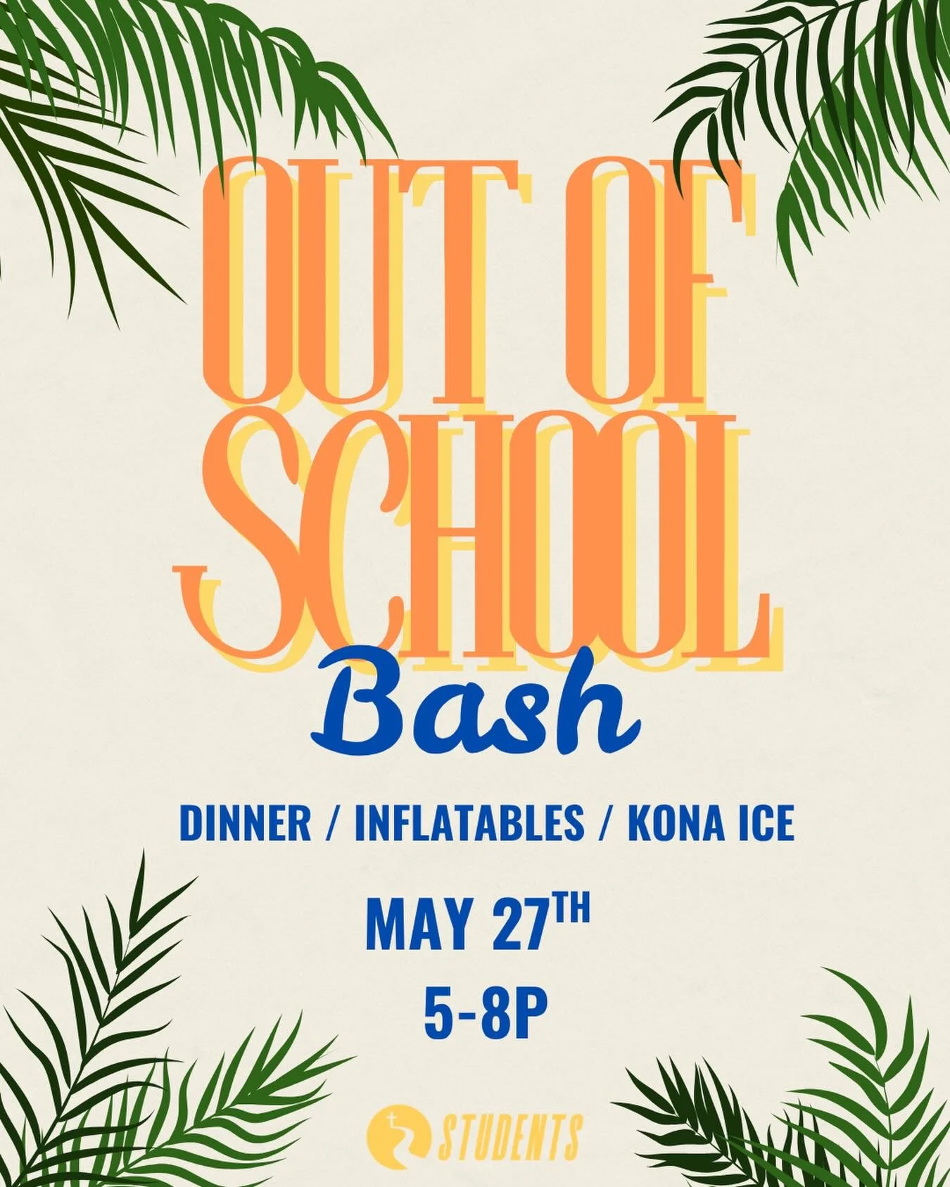 TOMORROW! Come celebrate the end of the school year and the start of summer with River Students! 

Dinner @ 5 
AND
Kona ice, inflatables, and games to follow!

Invite a friend, we&rsquo;ll see you there🫵