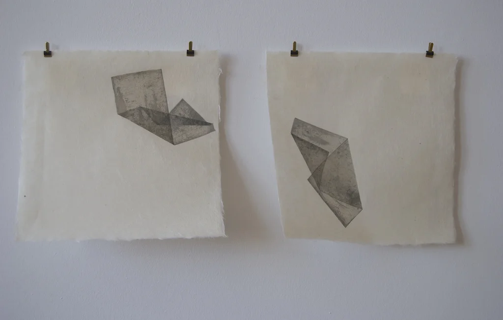“alternatively, " (march 2016) intaglio prints, folded chine collé. varied edition (3/5) using two plates that once formed a square, coated, and carried for approximately ten months while walking. etched with aquatint. diptych, 7.5” x 7.5”