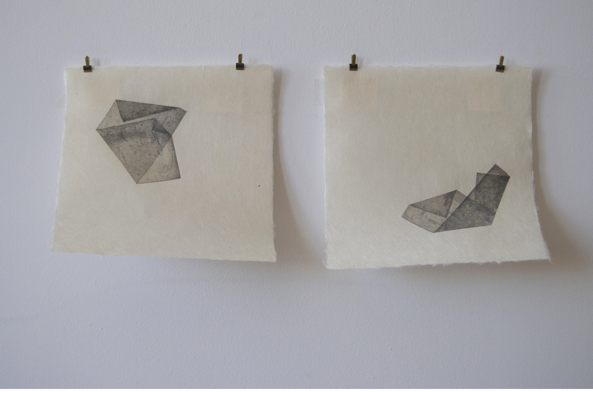 “alternatively, " (march 2016) intaglio prints, folded chine colle. varied edition (4/5) using two plates that once formed a square, coated, and carried for approximately ten months while walking. etched with aquatint. diptych, 7.5” x 7.5”