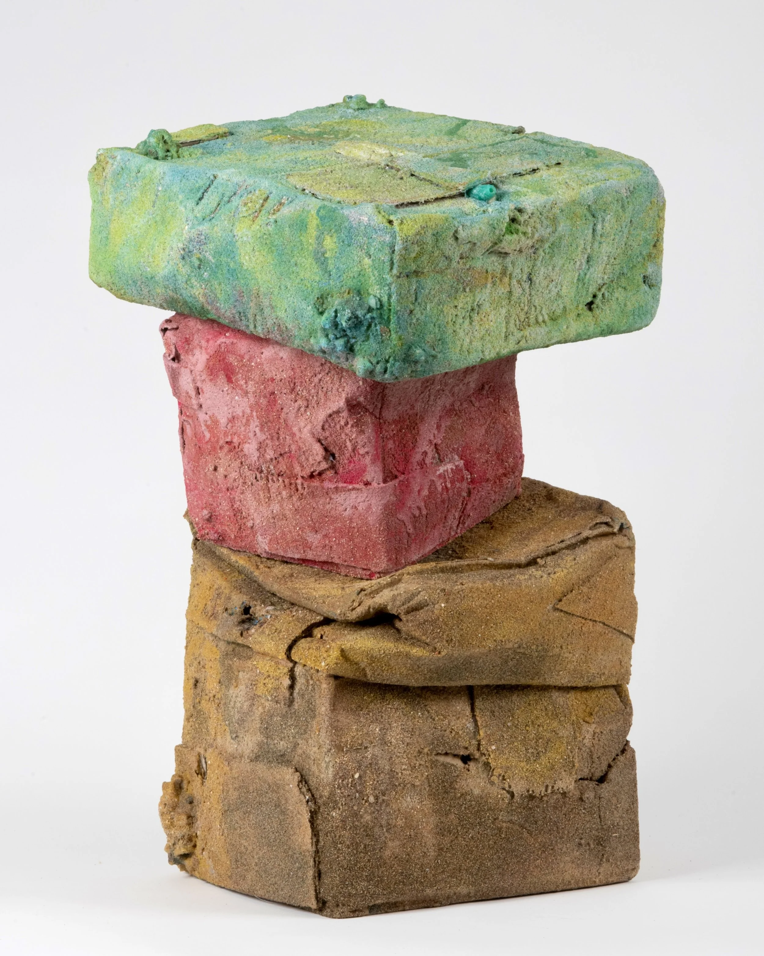 4 Mark Van Wagner, Nomad, 2026, natural and pigmented sand, debris, collage on recycled cardboard boxes, 29x18x13 in
