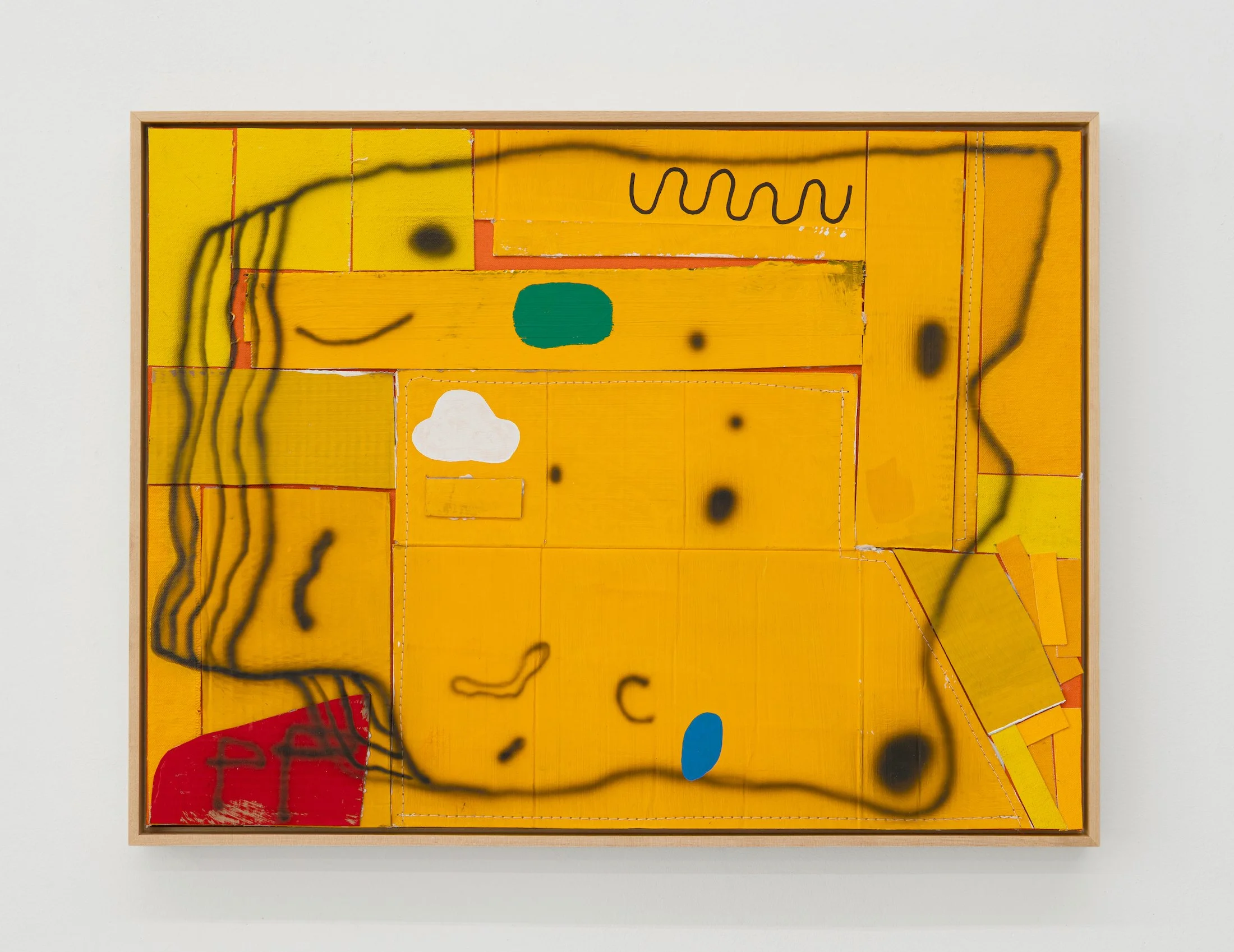 History Pancake, 2022, Acrylic, gouache, airbrush, marker, cardboard, sewing, and canvas on wood panel, in artist’s frame, 18.5 x 24.5 x 1.75 in