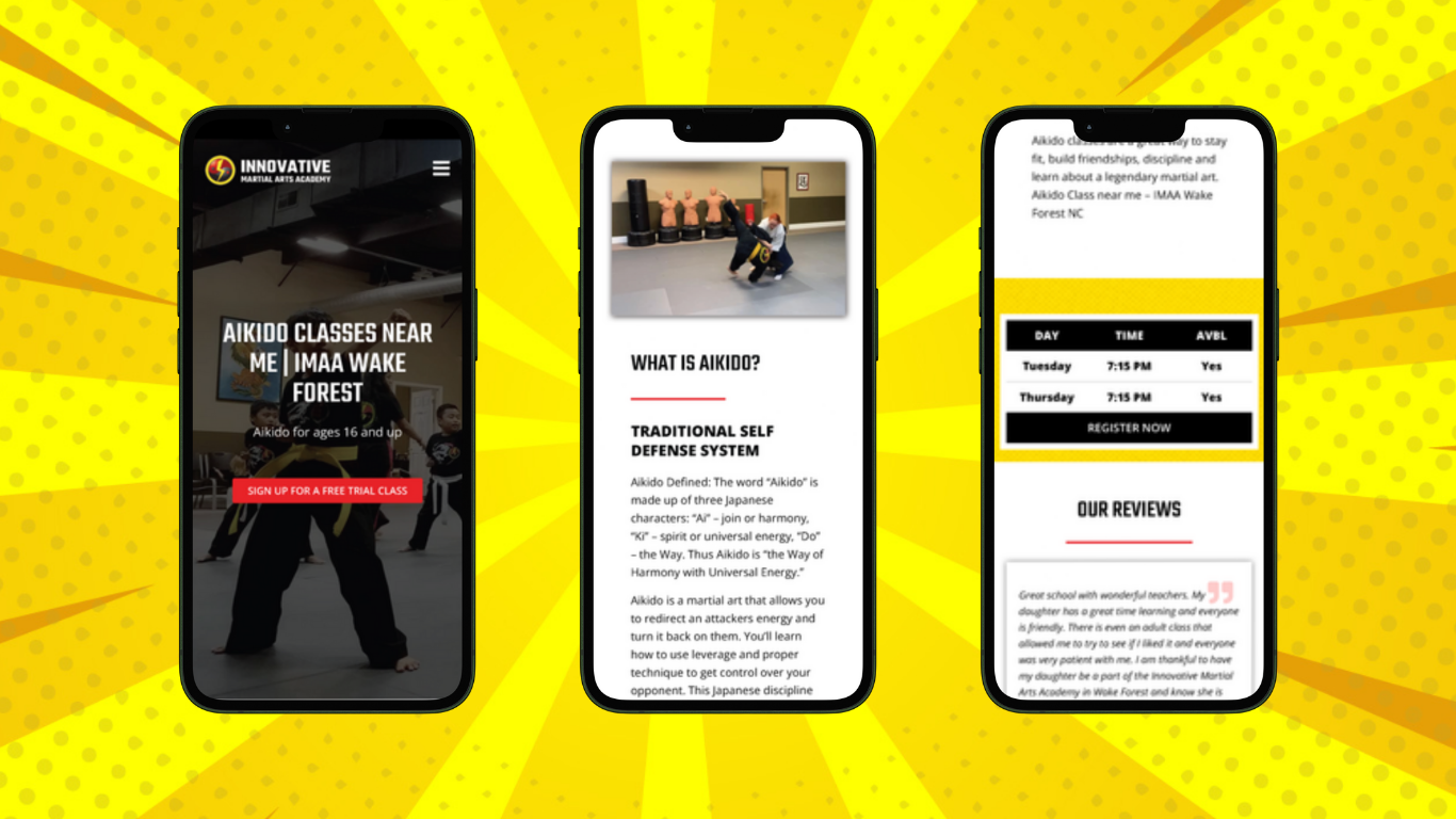 Three smartphones display different pages of a martial arts academy website against a yellow background with orange rays and polka dots. The first phone shows a class sign-up page, the second has info about Aikido, and the third shows class schedules and reviews.
