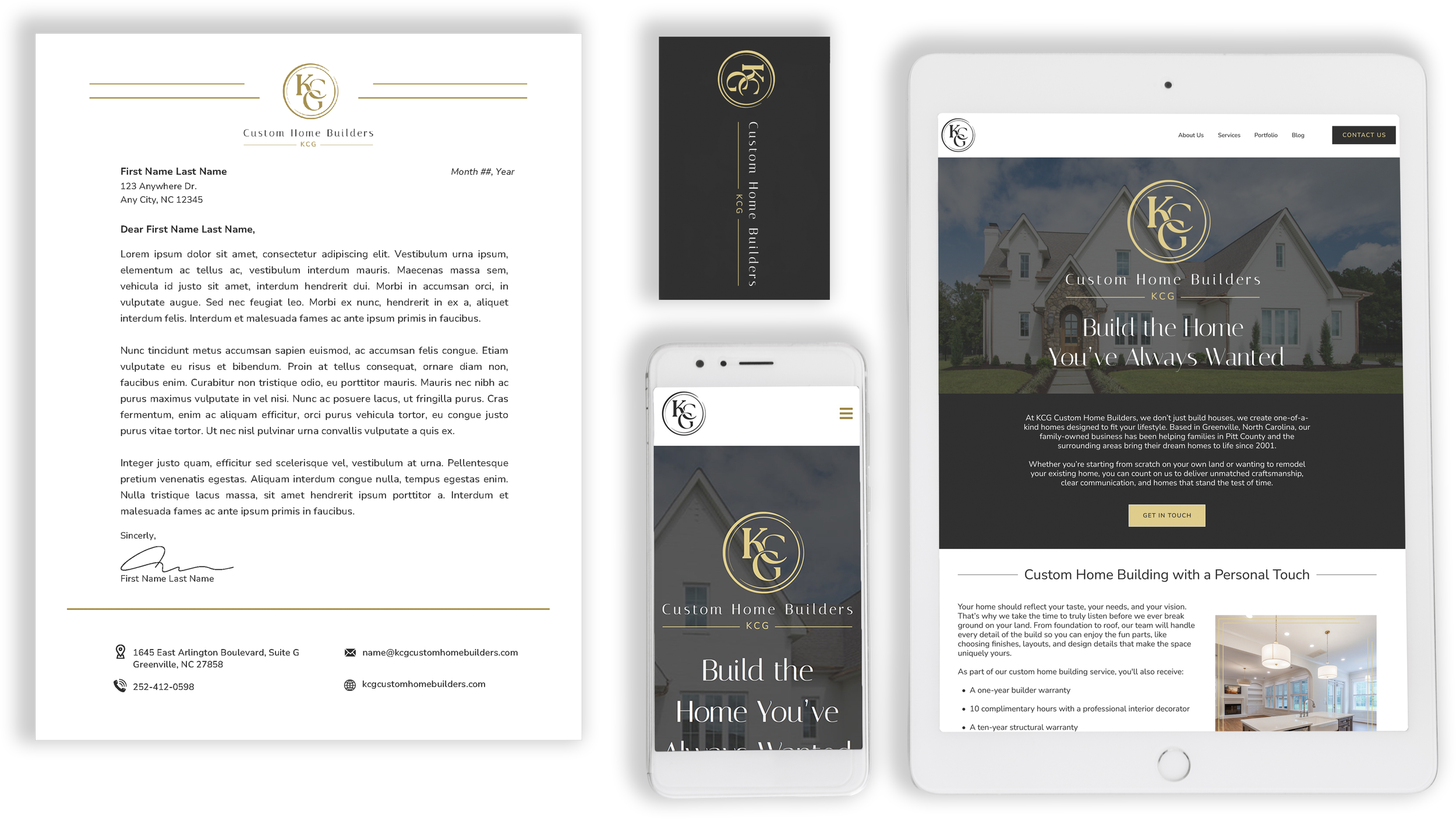 Screen display of a custom home builder's website shown on a tablet and a smartphone, with an office letter template on the left.