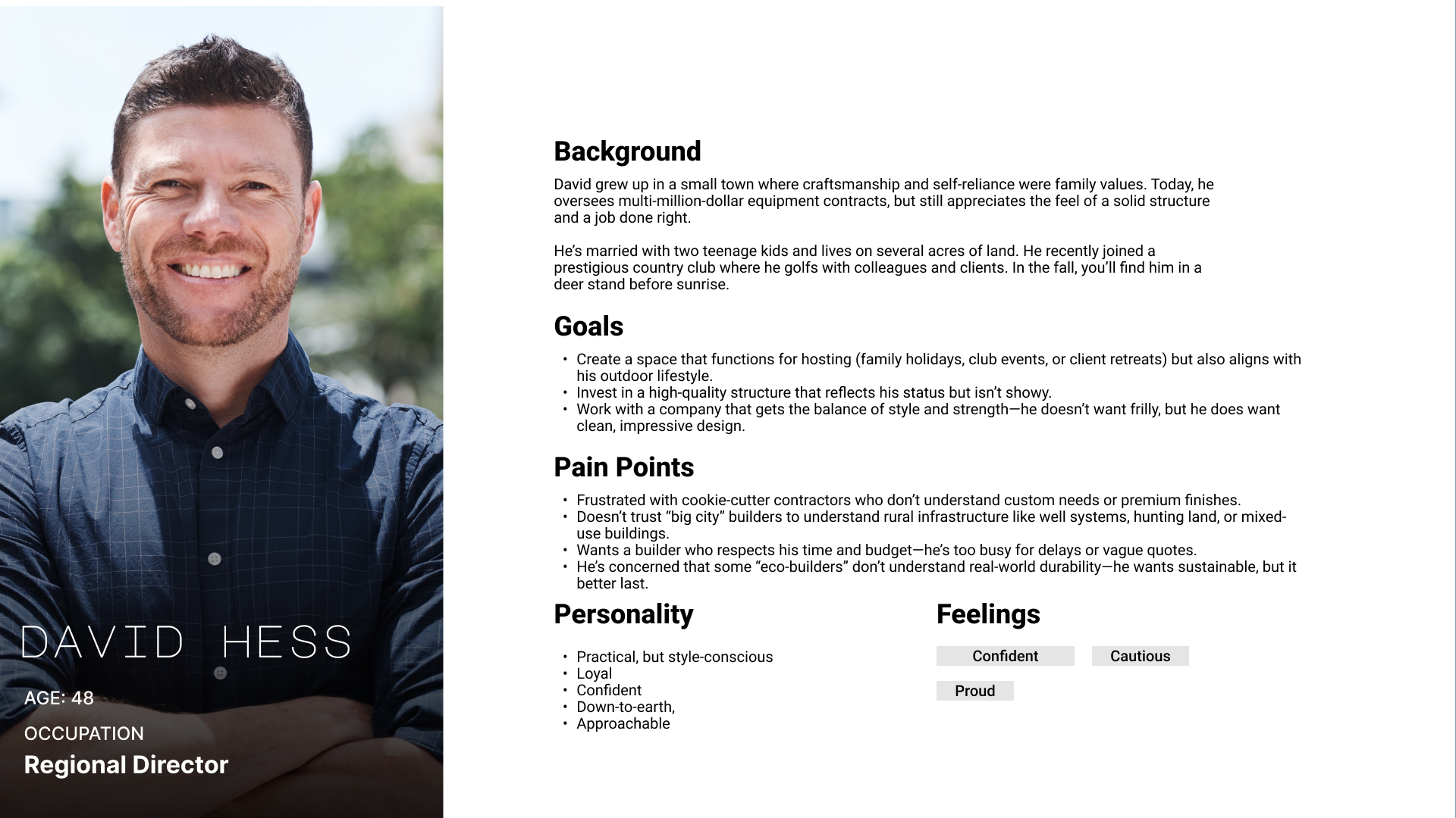 David Hess, a 48-year-old regional director, smiling with folded arms outdoors. In the document, there is a biography section describing his background, goals, pain points, personality, and feelings, with bold headings and bullet points for each section.