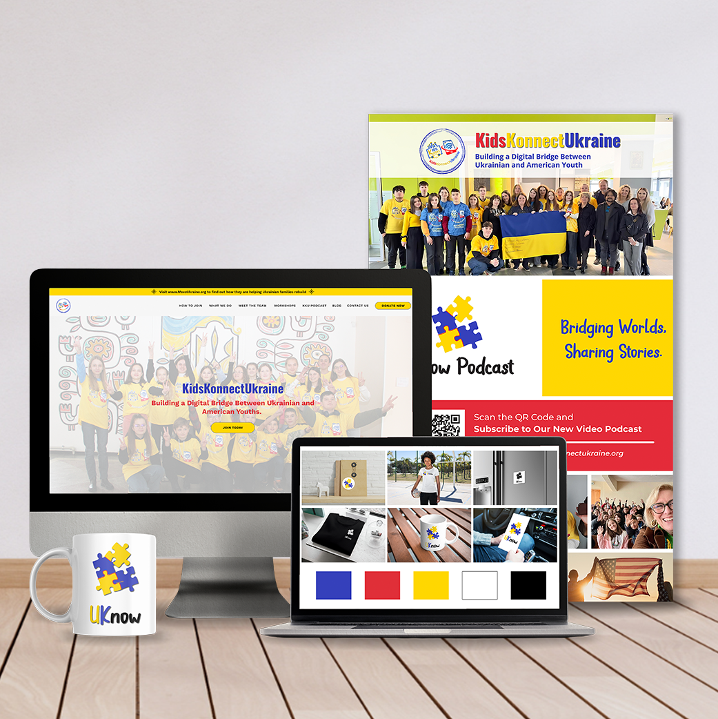 Displays promotional materials for Kids Konnect Ukraine, including a desktop monitor, a laptop, a poster, and a branded mug on a wooden table. The projects focus on building a digital bridge between Ukrainian and American youth, with images of children, websites, and branding elements.