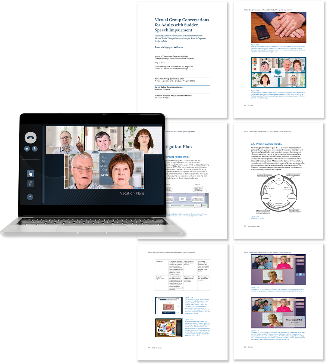 Screenshots of research and presentation slides about virtual group conversations for adults with speech impairment, featuring diagrams, text, and a video call with multiple participants.