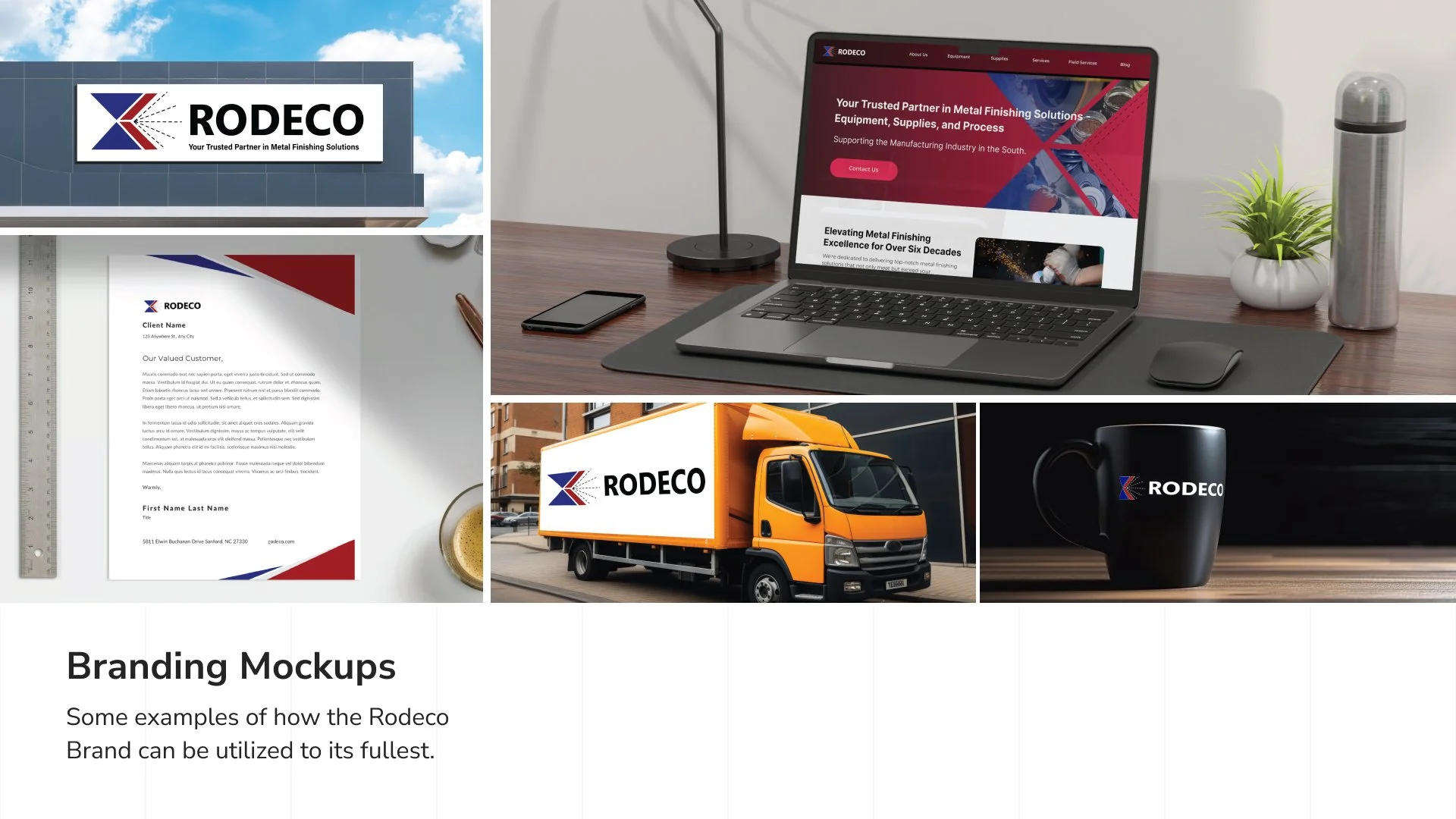 Collection of branding mockups for Rodeco, including a building with Rodeco signage, a laptop displaying Rodeco website, a branded truck, a branded coffee mug, and a branded letterhead on stationery. The text below reads "Branding Mockups. Some examples of how the Rodeco Brand can be utilized to its fullest."