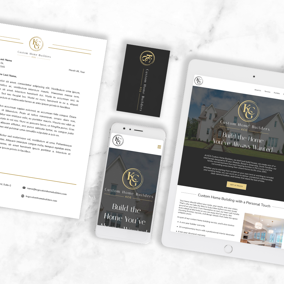 Website, business card, letter, and mobile device screen for KCG Custom Home Builders, featuring a house and company logo.