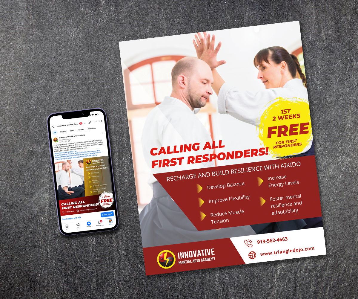 Flyer and phone displaying an advertisement for a martial arts academy, offering free first responder program in the first two weeks, highlighting benefits like balancing, flexibility, muscle tension, energy, resilience, and adaptability.