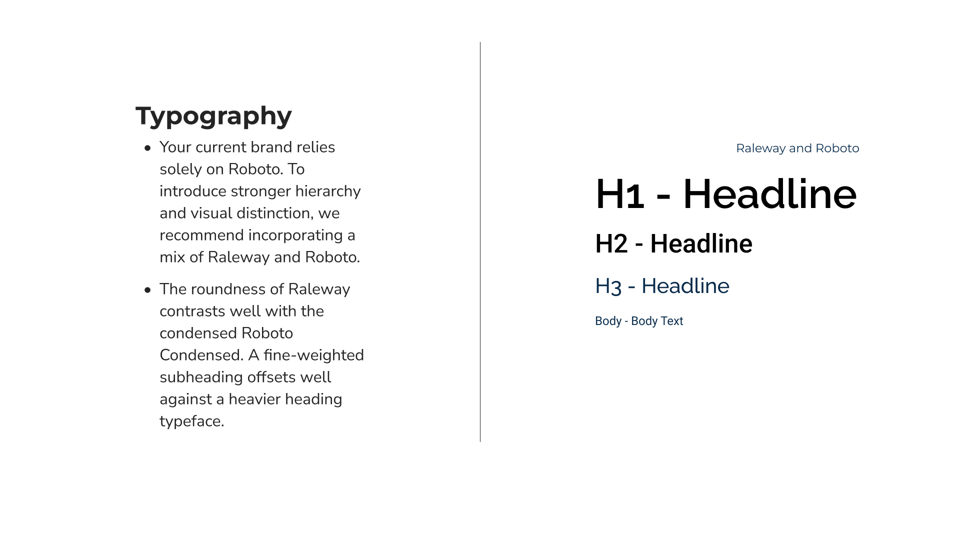A presentation slide comparing different typography styles. The left side contains text in black about brand hierarchy, while the right side shows examples of headings in various font sizes and styles, with some text in blue, black, and gray.