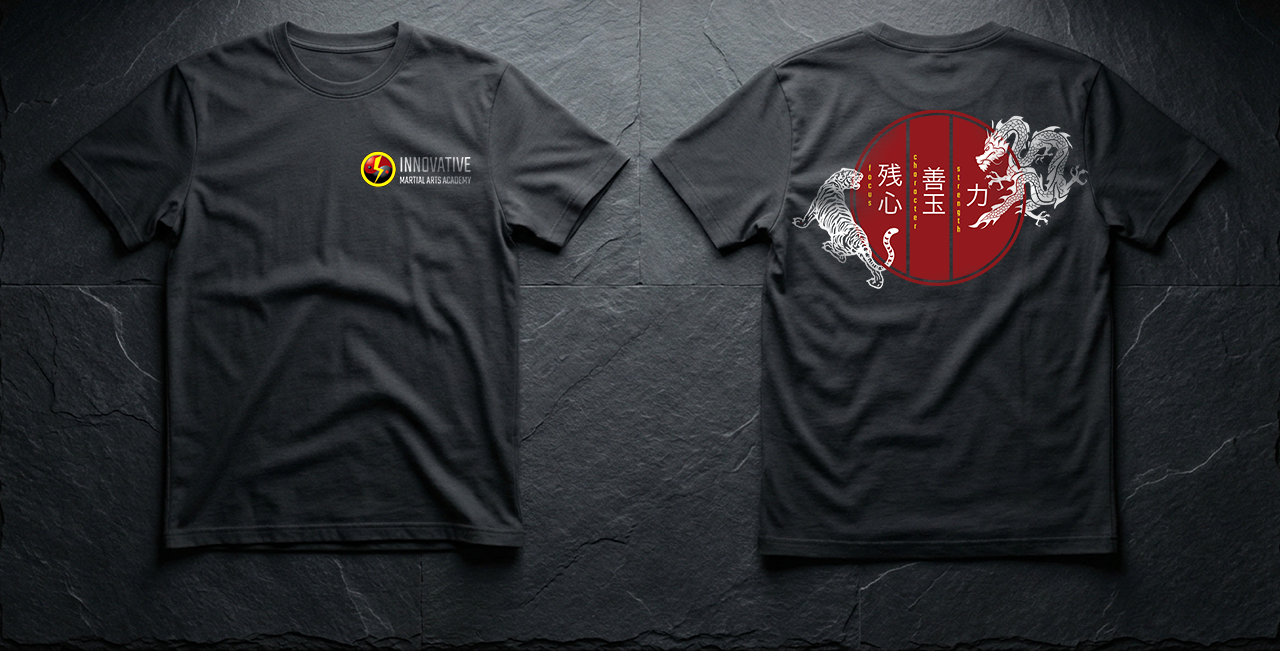 Black T-shirt with logo of Innovative Martial Arts Academy on front and stylized dragon and tiger design on back