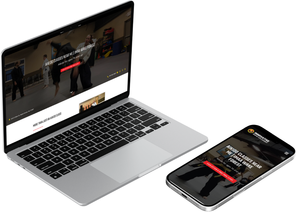 Laptop and smartphone displaying the same martial arts class website with the message "Aikido classes near me | MAA Wake Forest," and a red button to sign up for a free trial class.