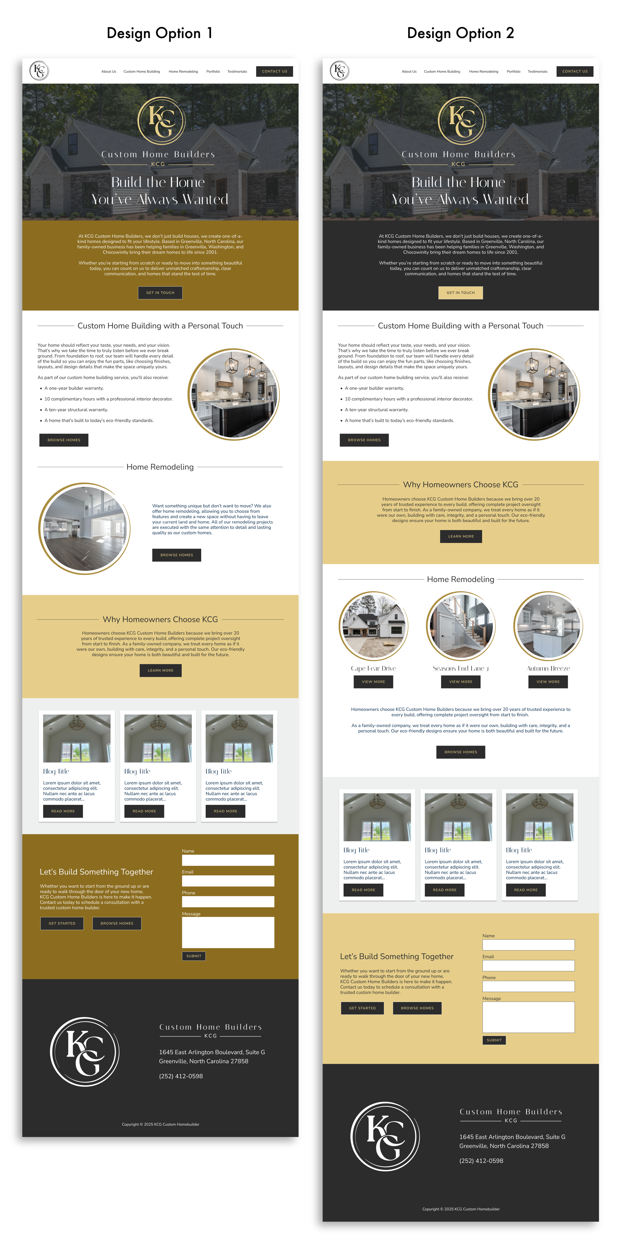 Comparison of two website designs for KCG Custom Home Builders, featuring menus, images of homes and interiors, contact info, and a quote section.