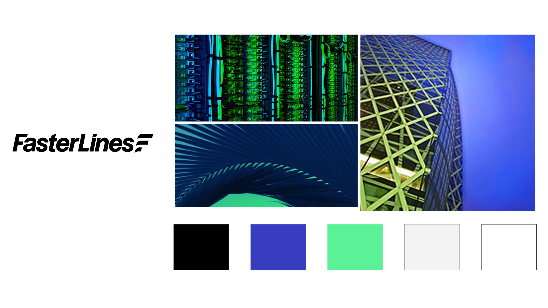 Three images of modern architecture and data servers, with the words 'FasterLines' in black italic text and a green check mark next to it. Color palette of black, blue, green, white, and light gray below.
