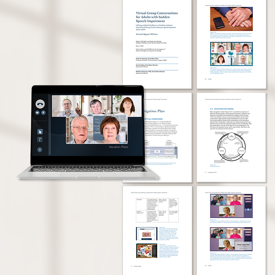 A laptop displaying a video conference call with six elderly people on the screen, labeled 'Vacation Plans'. Surrounding the laptop are seven printed documents, including research papers, reports, and presentations on topics like virtual group conversations for adults with speech impairment, investigation models, and social group communication.