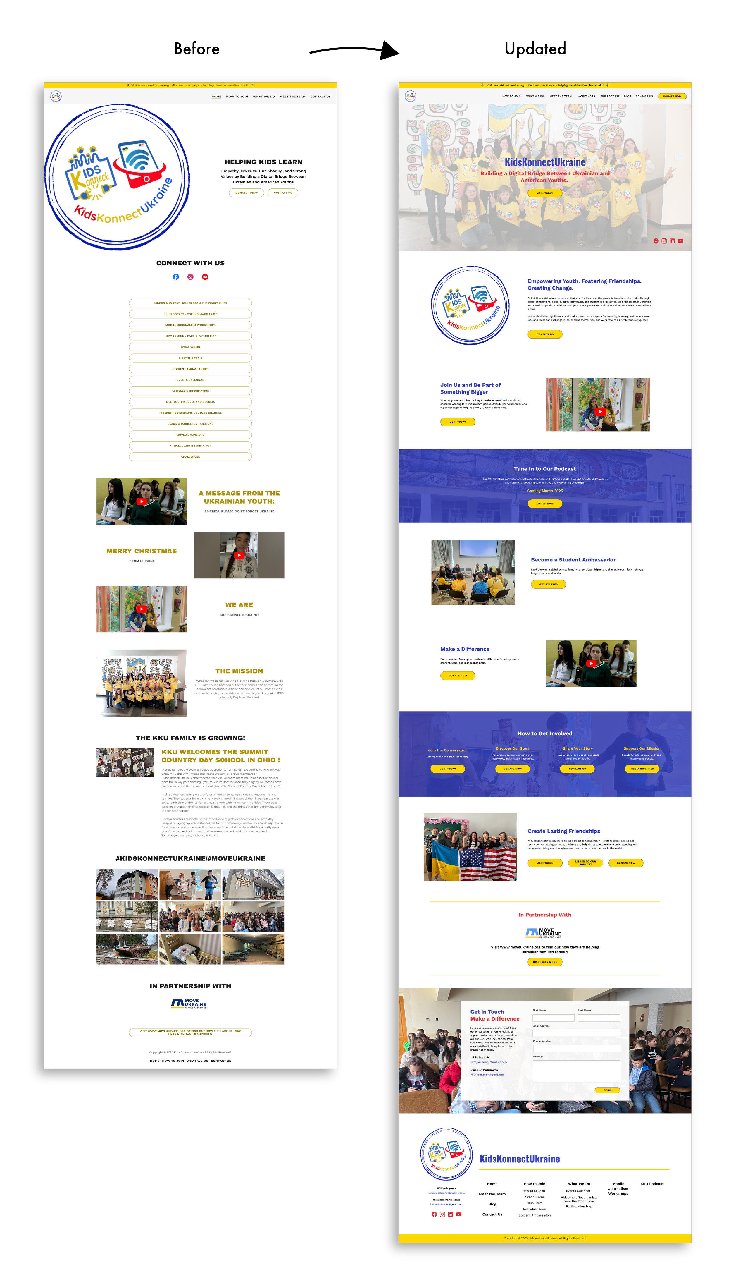 Kids Konnect Ukraine Homepage Design before and the updated design.