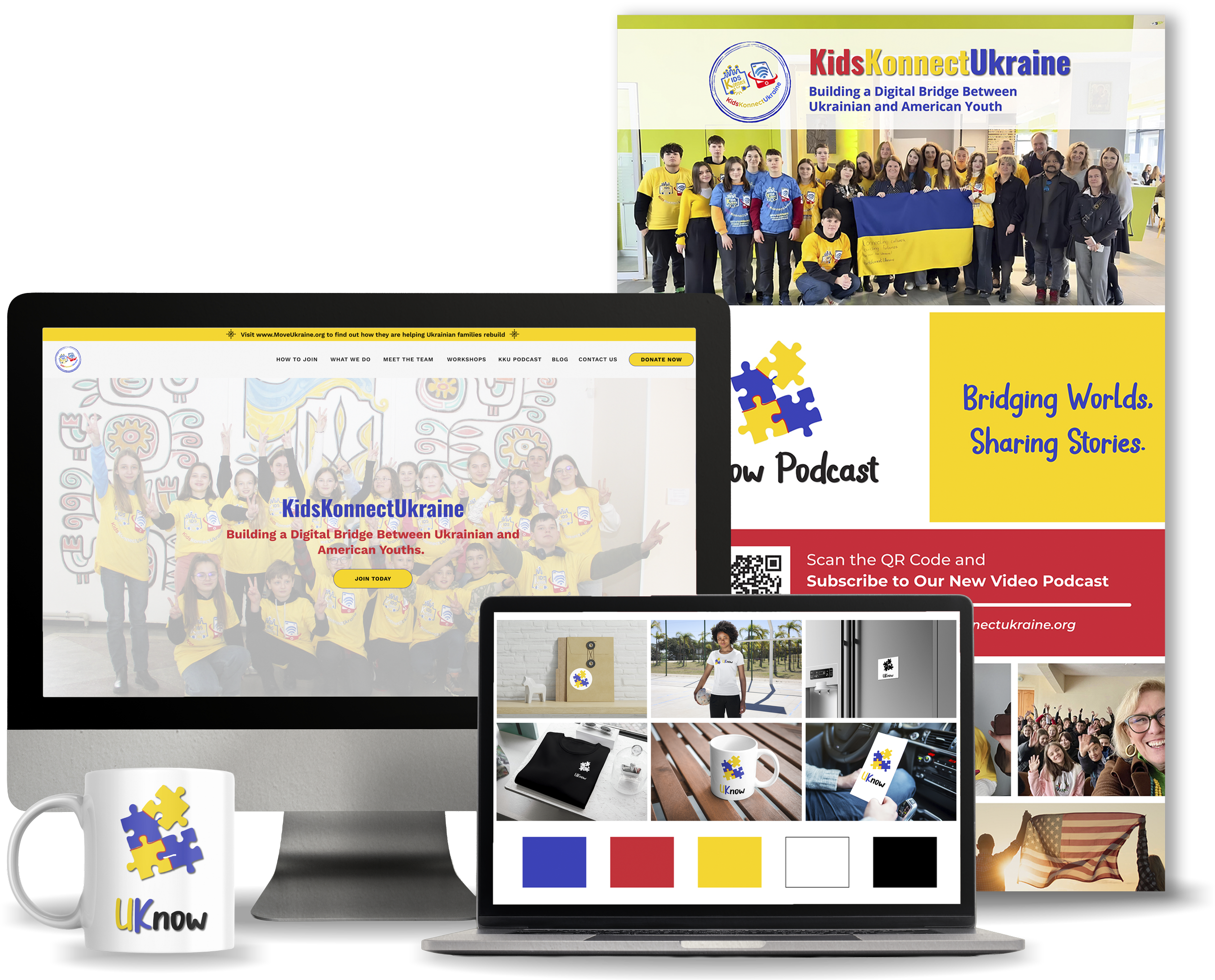 A collection of digital screens and merchandise showcasing the KidsKonnectUkraine organization. The primary screen displays a group of children and adults in yellow T-shirts with KidsKonnectUkraine branding, holding a Ukrainian flag, in front of a colorful mural. The website on the monitor mentions building a digital bridge between Ukrainian and American youth and offers options to join or donate. A second screen features a podcast logo with puzzle piece graphics, and a mug with the KidsKonnectUkraine logo. Smaller images show merchandise like a T-shirt, a mug, and photos of kids and events, emphasizing connect and collaboration between Ukrainian and American youth.