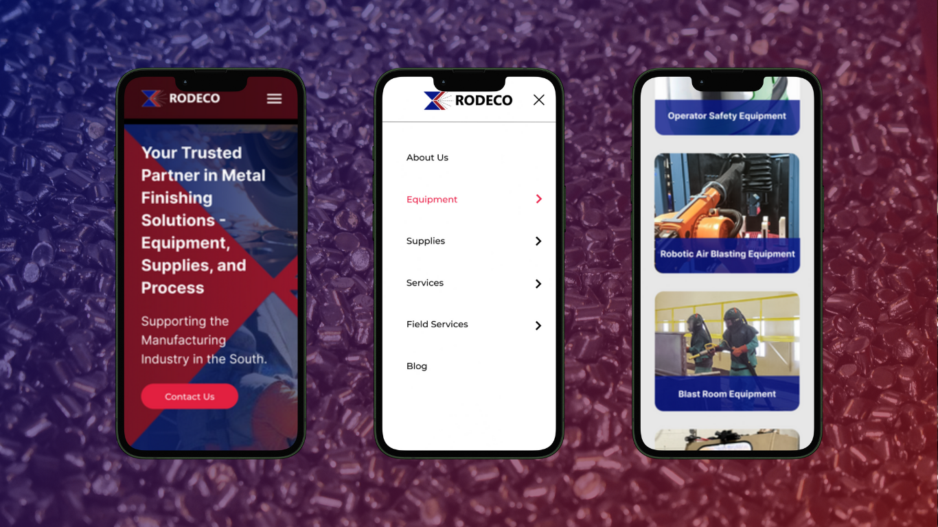 Three smartphones displaying a metal finishing company's website and product information. The first phone shows the company's homepage with the text "Your Trusted Partner in Metal Finishing Solutions Equipment, Supplies, and Process". The middle phone shows the site menu with options like Equipment, Supplies, Services, Field Services, and Blog. The third phone displays images of equipment with labels for "Operator Safety Equipment," "Robotic Air Blasting Equipment," and "Blast Room Equipment."