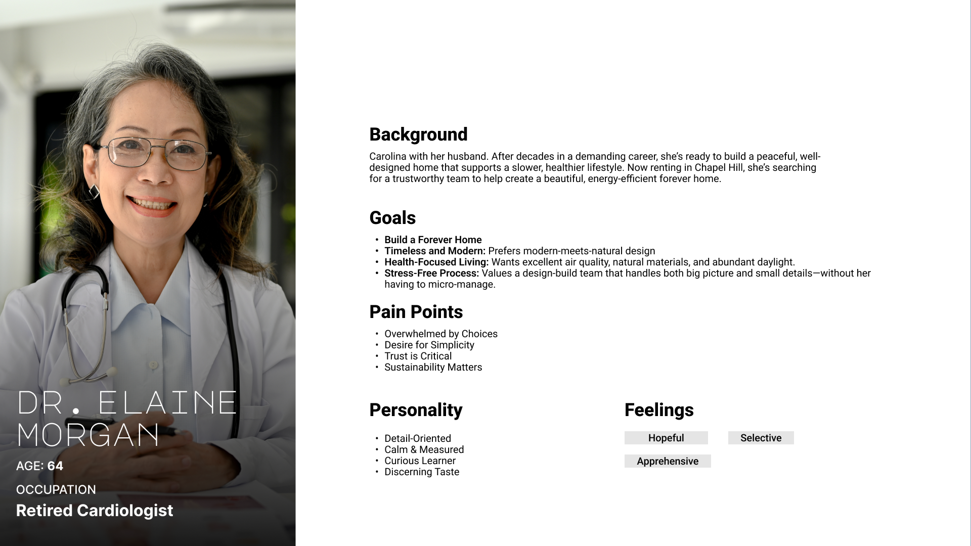 Persona Profile of Dr. Elaine Morgan, a 64-year-old retired cardiologist, with background information, goals, pain points, personality traits, and feelings listed on a document.