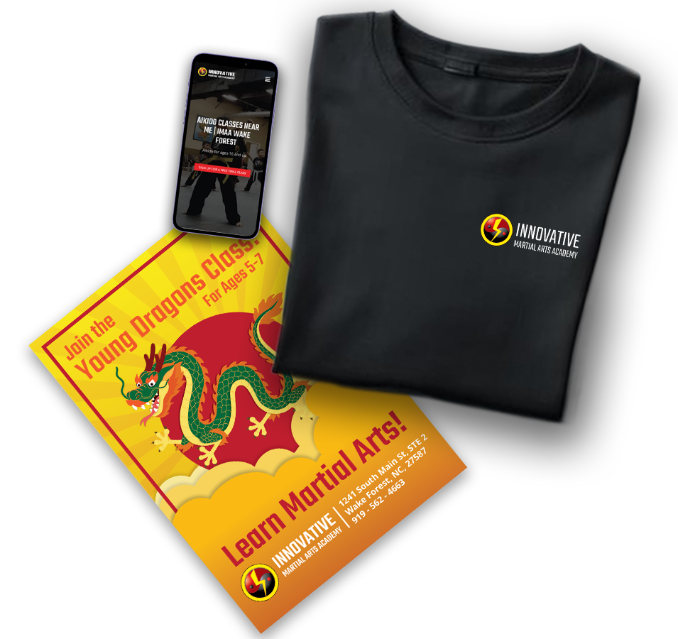 Promotional flyer for a martial arts academy featuring a colorful dragon, a smartphone displaying martial arts classes, a black T-shirt with the academy's logo, and text inviting children ages 5-7 to join