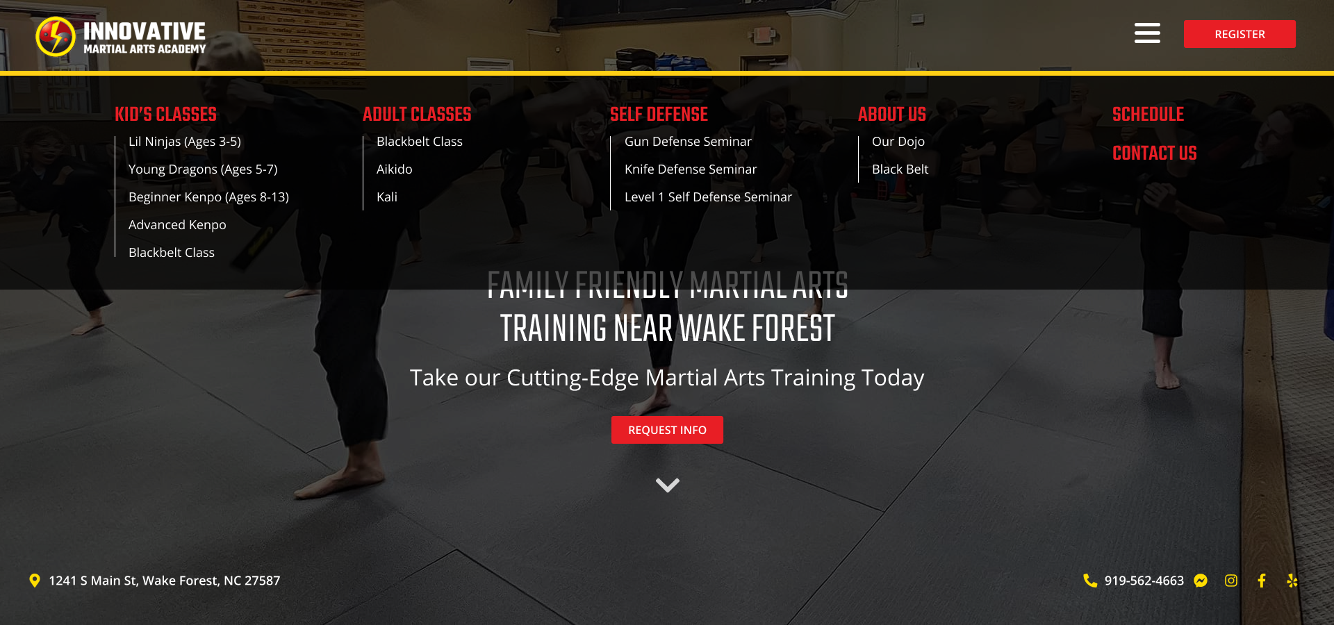 Website homepage for Innovative Martial Arts Academy featuring class schedule and contact information, with background of children practicing martial arts in a dojo.