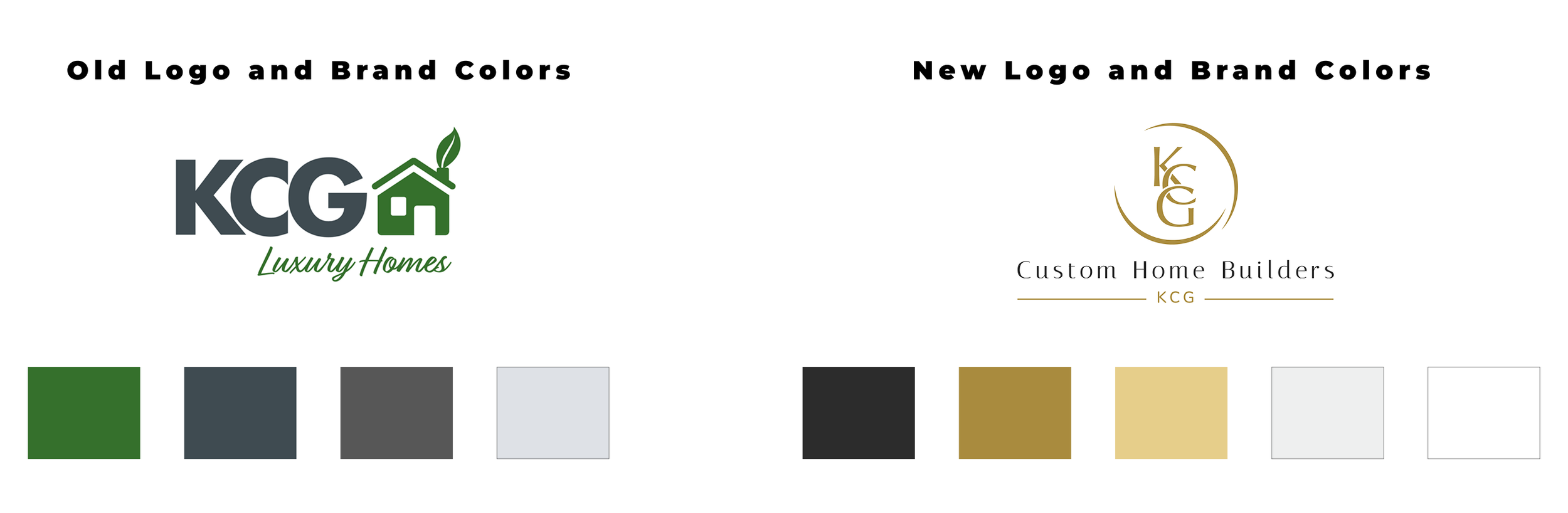 Comparison of old and new logos for KCG Luxury Homes, showcasing changes in design and color schemes with color swatches underneath each logo.