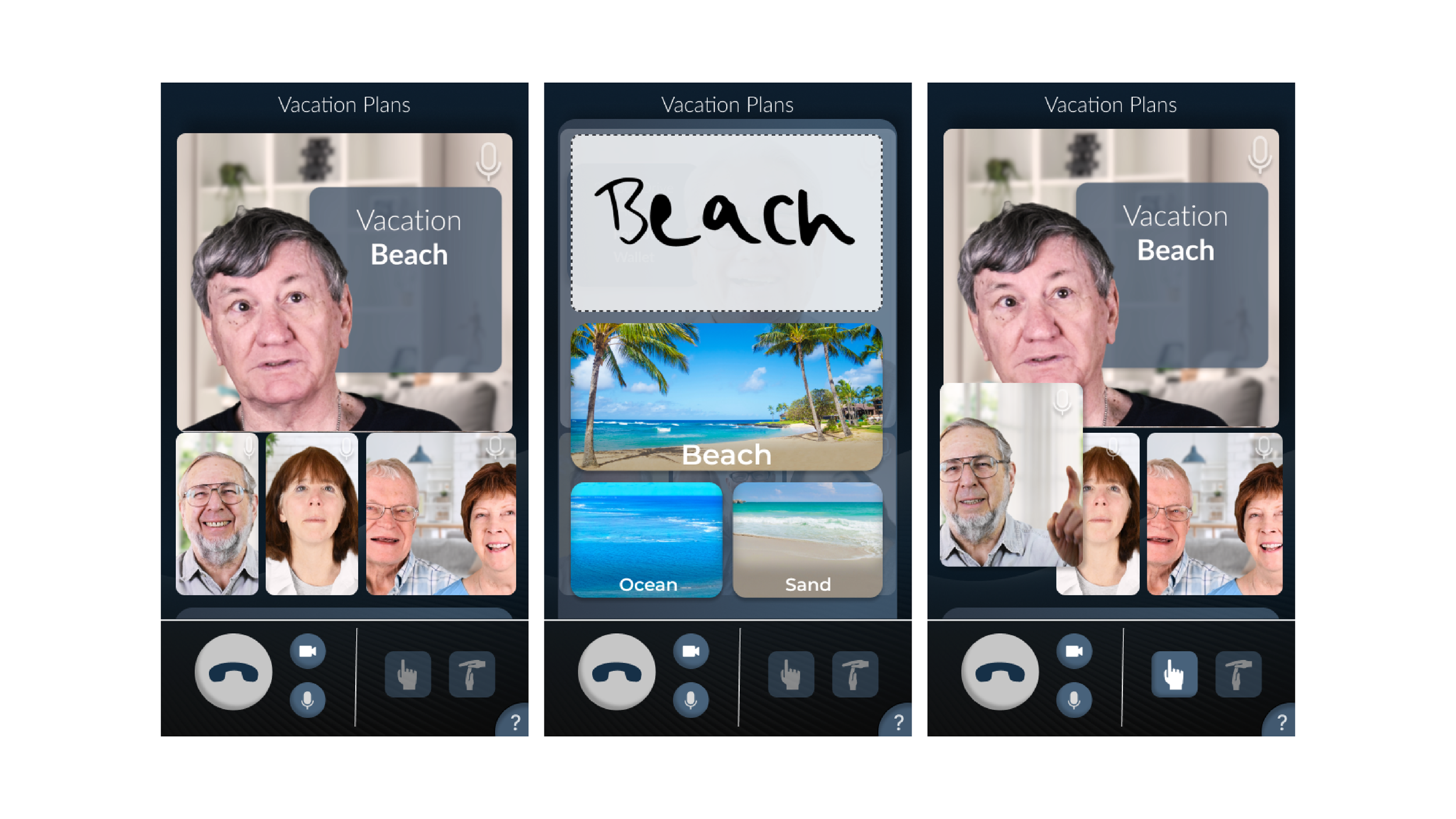 Screenshots of a video call app with three participants. The in-focus screen shows a woman with short gray hair and a black shirt, with a text overlay saying 'Vacation Beach.' The second screen has a drawing of the word 'Beach' and pictures of a beach, ocean, and sand. The third screen is similar to the first, showing the same woman and three other participants, with the woman pointing upwards.